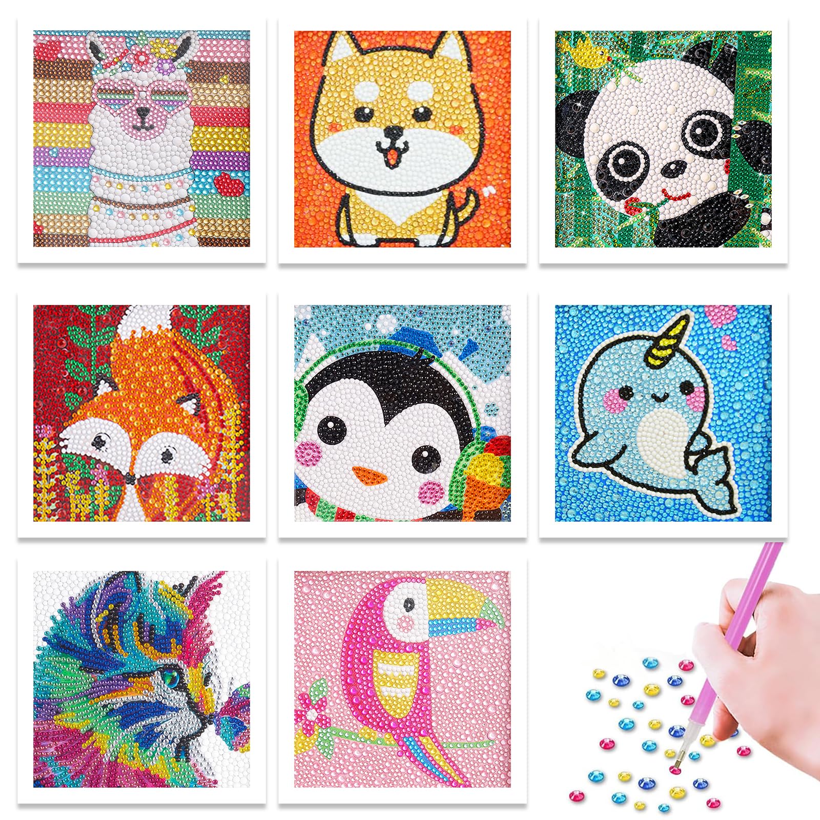 Jatok Boys Magenta 8 Packs Diamond Art For Kids, Cute Cartoon Animal Diamond Painting Mosaic Gem Art Kits Adults Beginner Girls Frameless 15X15cm/6X6in (Dog Panda Fox Penguin Dolphin Cat Bird Alpaca)