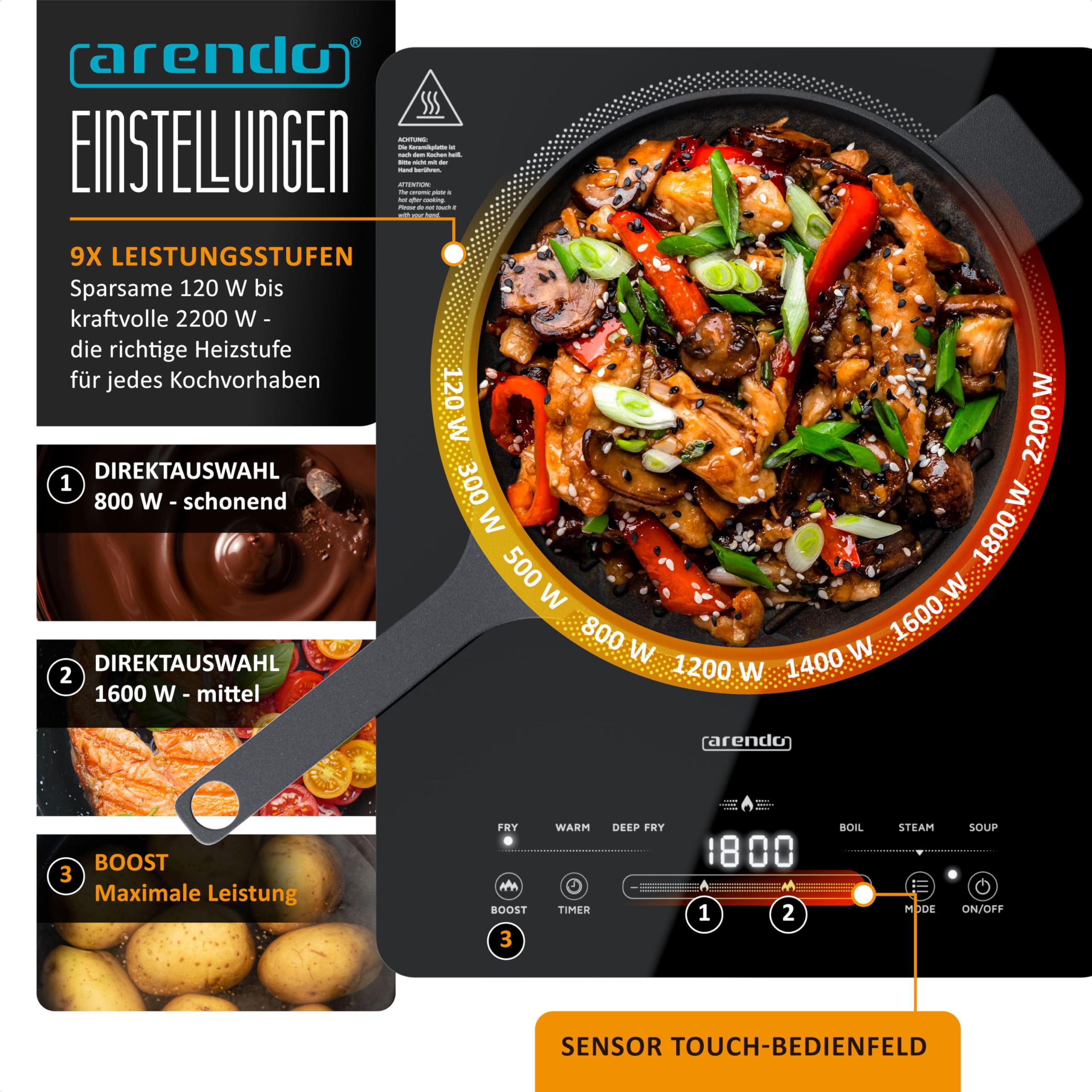 Arendo - Kochplatte Induktion 2200 Watt - Induktionskochplatte - 9 Leistungsstufen - 120-2200 W - mobil - 1 Induktionskochfeld - Sensor Touch Bedienfeld - Timer - Überhitzungsschutz