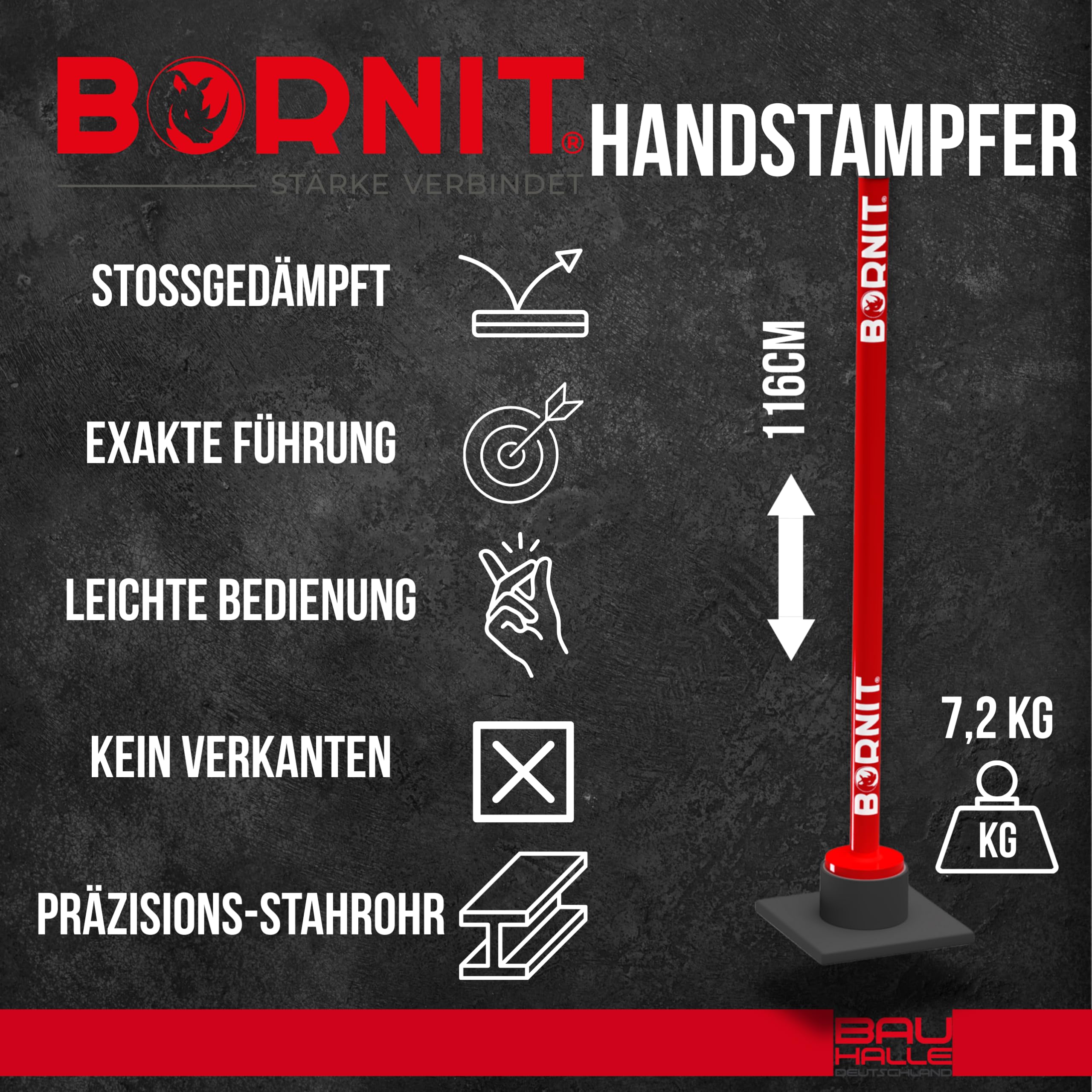 BORNIT Handstampfer zum Verdichten Gelenkschonend [reißfeste Schweißnähte] 18x18cm 7,2kg Erdstampfer Bodenverdichter Gartengeräte Handramme Bodenstampfer Verdichter Handverdichter Werkzeuge Garten Bau