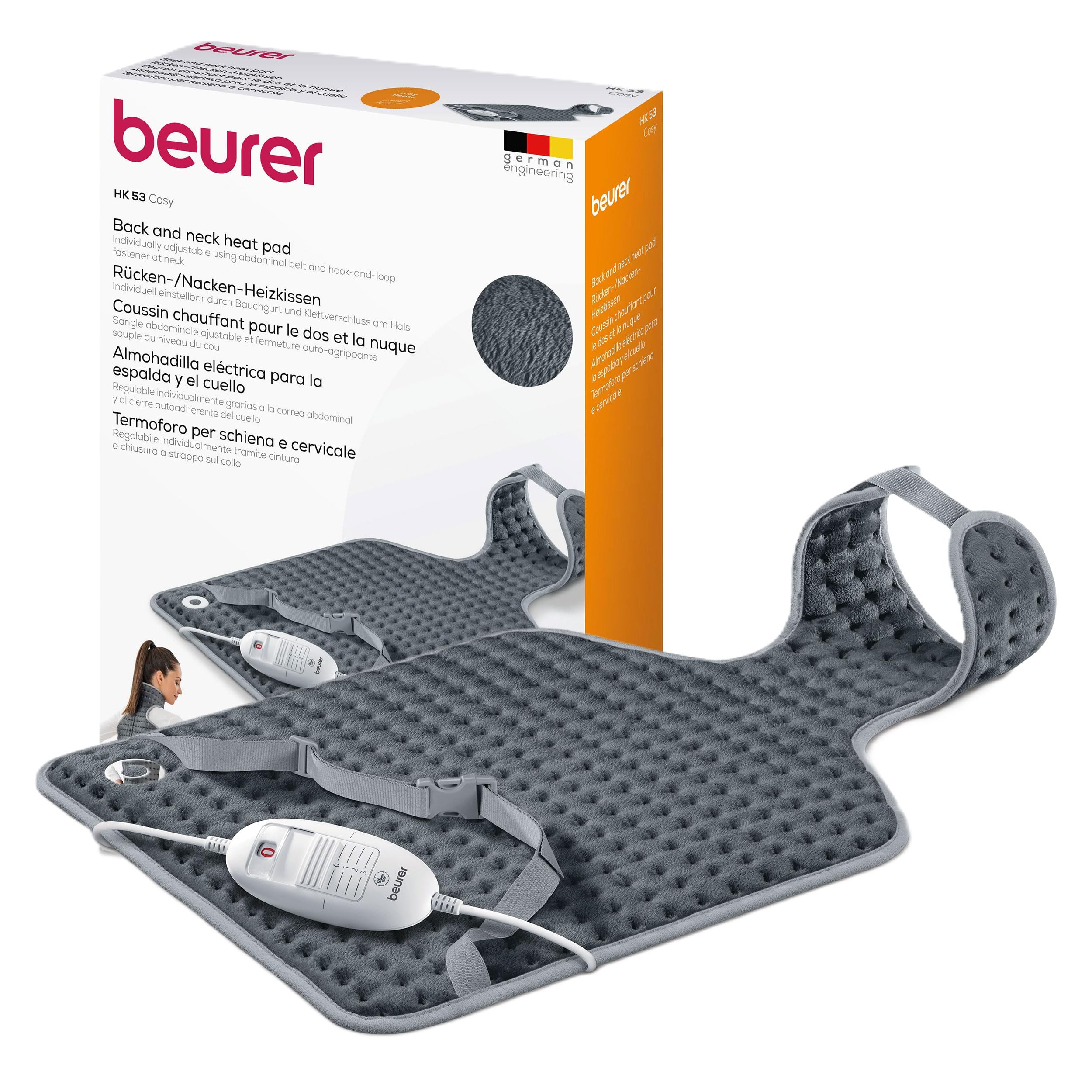 HK 53 Back & Neck Heating Pad | Ergonomic Shape with Magnetic Fastener, 3 Heat Settings, Fast Heat-Up & Auto Switch-Off | Washable Cover | German Quality | 3-Year Warranty