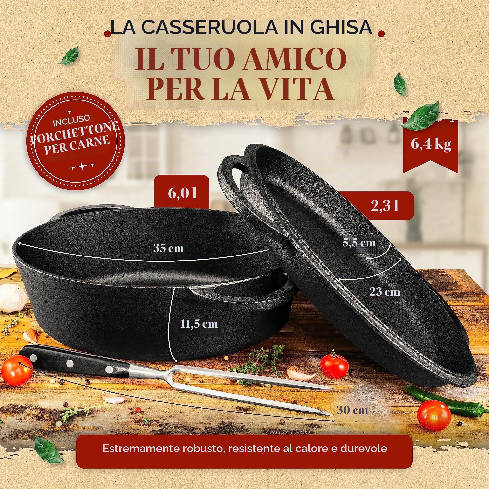 KRUSTENZAUBER Casseruola in ghisa da 35 cm con coperchio, adatta al forno [forchetta per carne] XXL adatta al forno