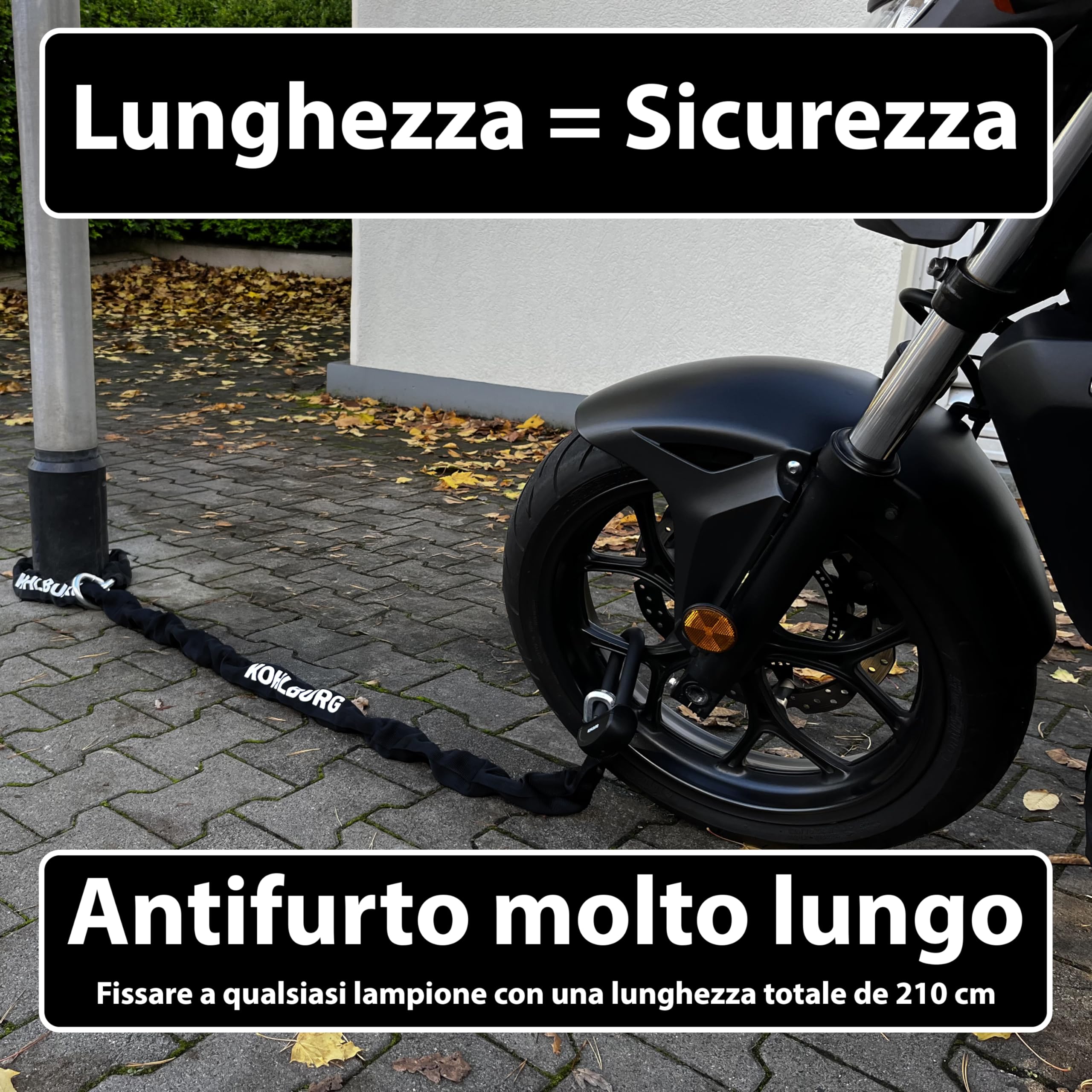 KOHLBURG Antifurto a catena per moto | 8 kg e 210 cm | Sold Secure DIAMOND | Livello di sicurezza più alto 15+ su 15 | Catena super robusta in acciaio da 13 mm | antifurto moto, scooter e e-bike