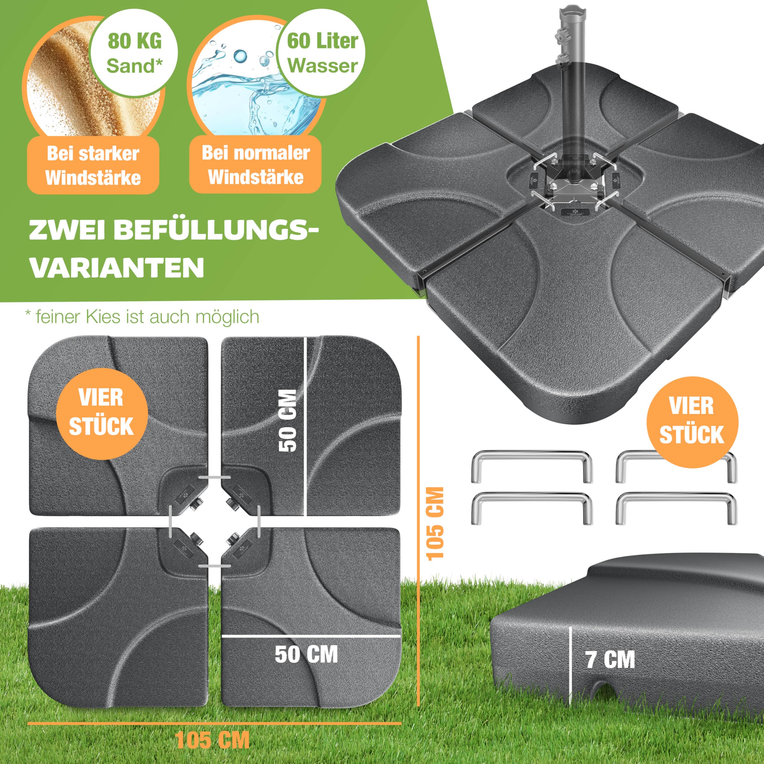 KESSER® Sonnenschirmständer 4-teilig Schirmgewicht Schirmständer für Ampelschirm Bodenkreuz 60 Liter / 80 kg befüllbar mit Wasser oder Sand Inkl. Metallverbinder Ampelschirmständer Kunststoff,