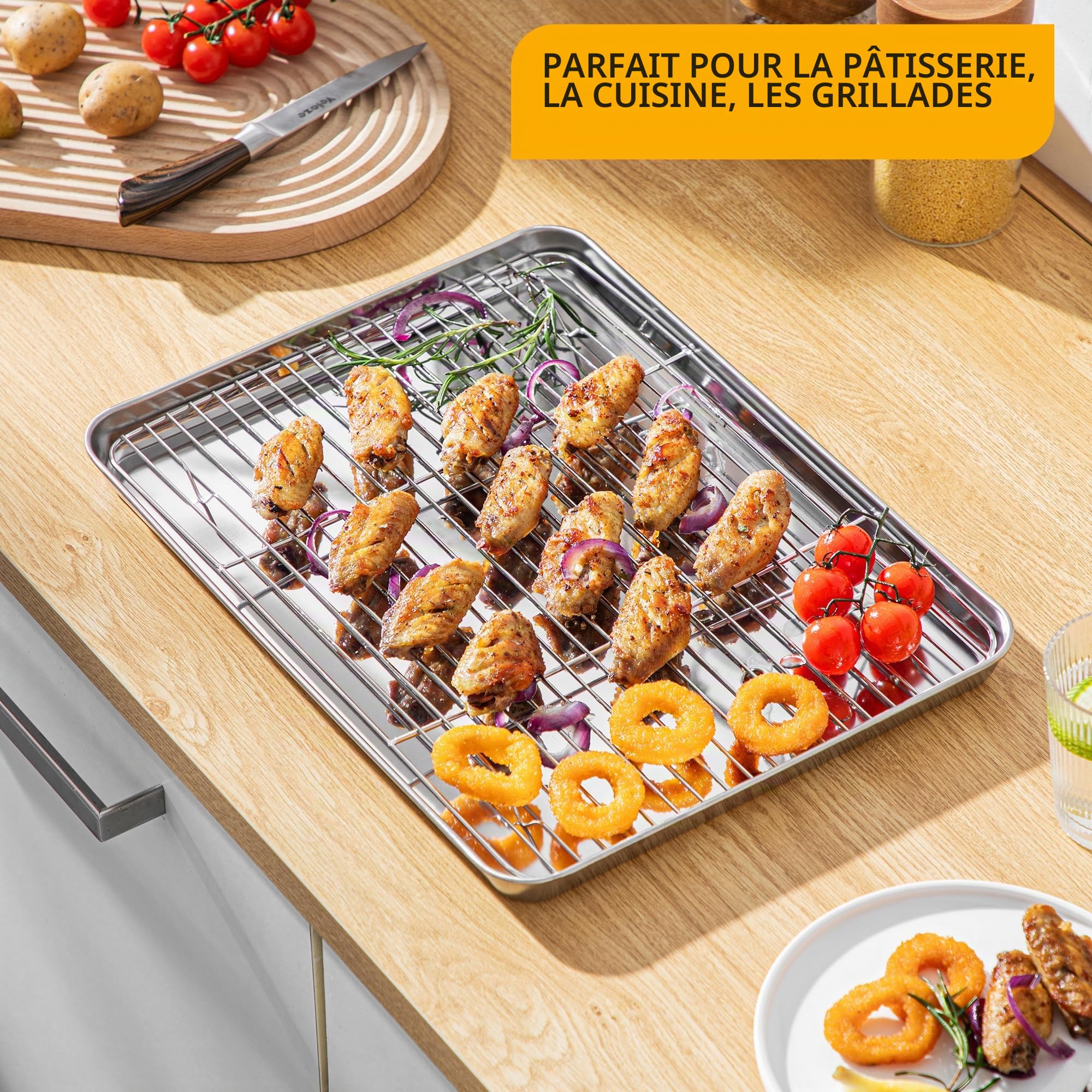 Velaze Plaque Pâtisserie et Grille INOX, Plaque de Cuisson avec Volette de 4 Pcs, Plateau Patisserie sans Revêtement, Plat à Rôtir de 40cm x 30cm