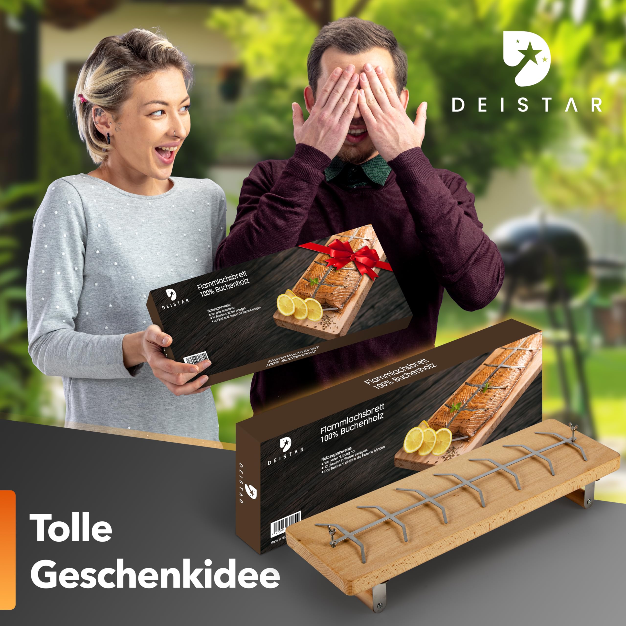 Flammlachsbrett mit Halterung 100% Buchenholz – Edelstahl Halter – 55 cm – Grillbrett für Flammlachs BBQ