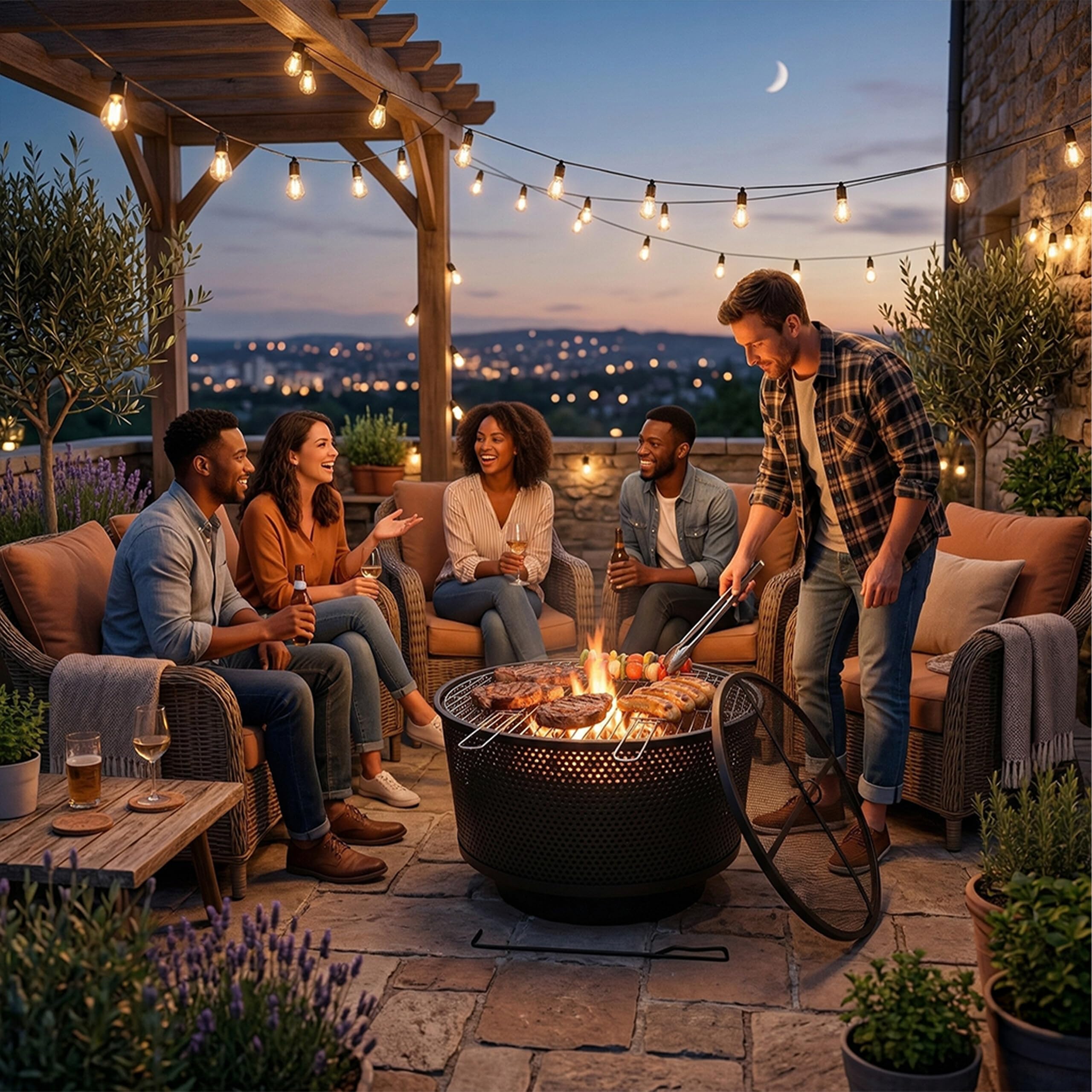 Relaxdays Braciere Ø 61 cm, con griglia, parascintille e attizzatoio, 3 in 1 da Giardino, Nero
