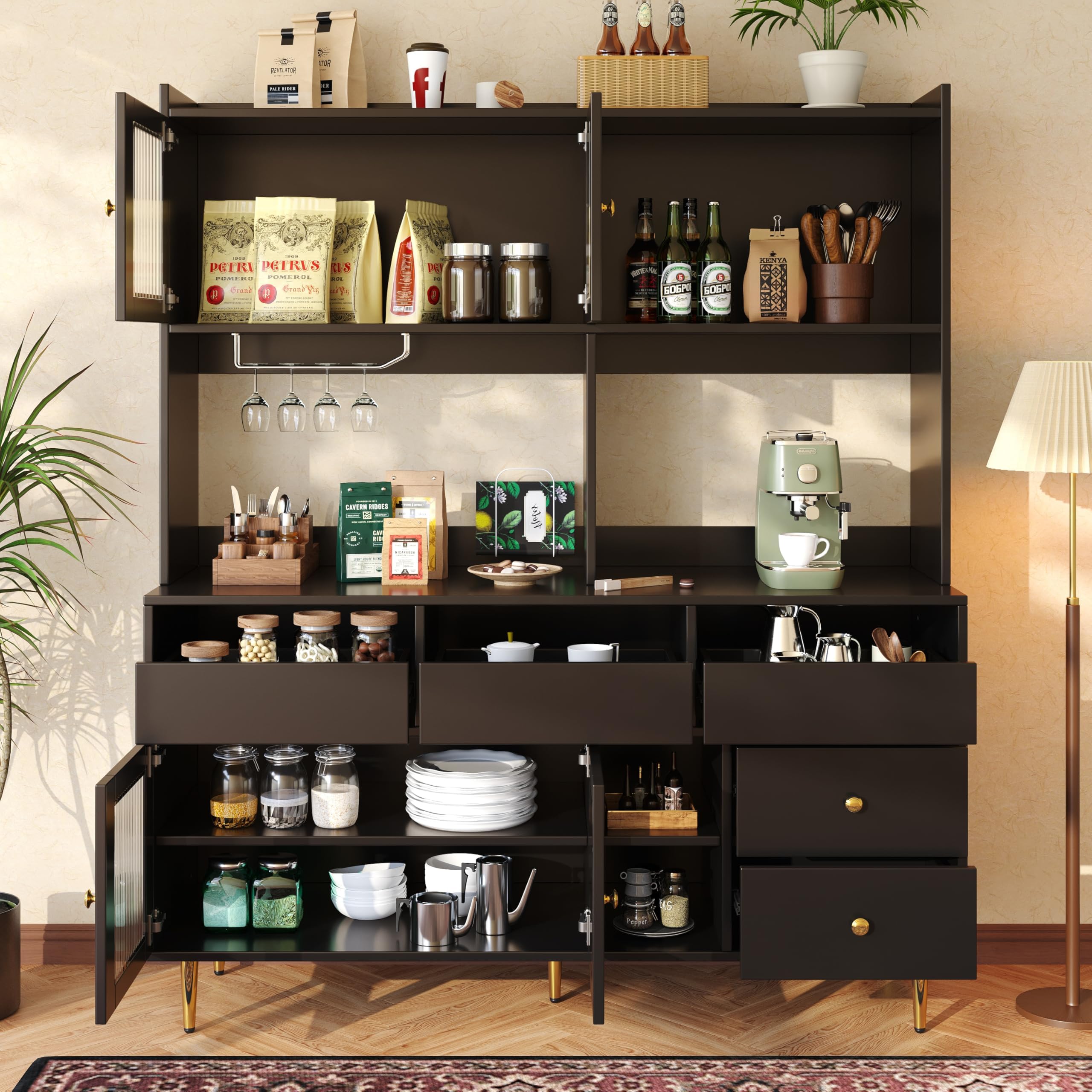 Tall Cupboard, Tall Storage Cabinet with 4 Glass Doors and 5 Drawers, Modern Kitchen Display Cabinets with Wine Glass Holder, Suitable for Kitchen, Dining Room, Living Room, 145×39×171cm (Black)