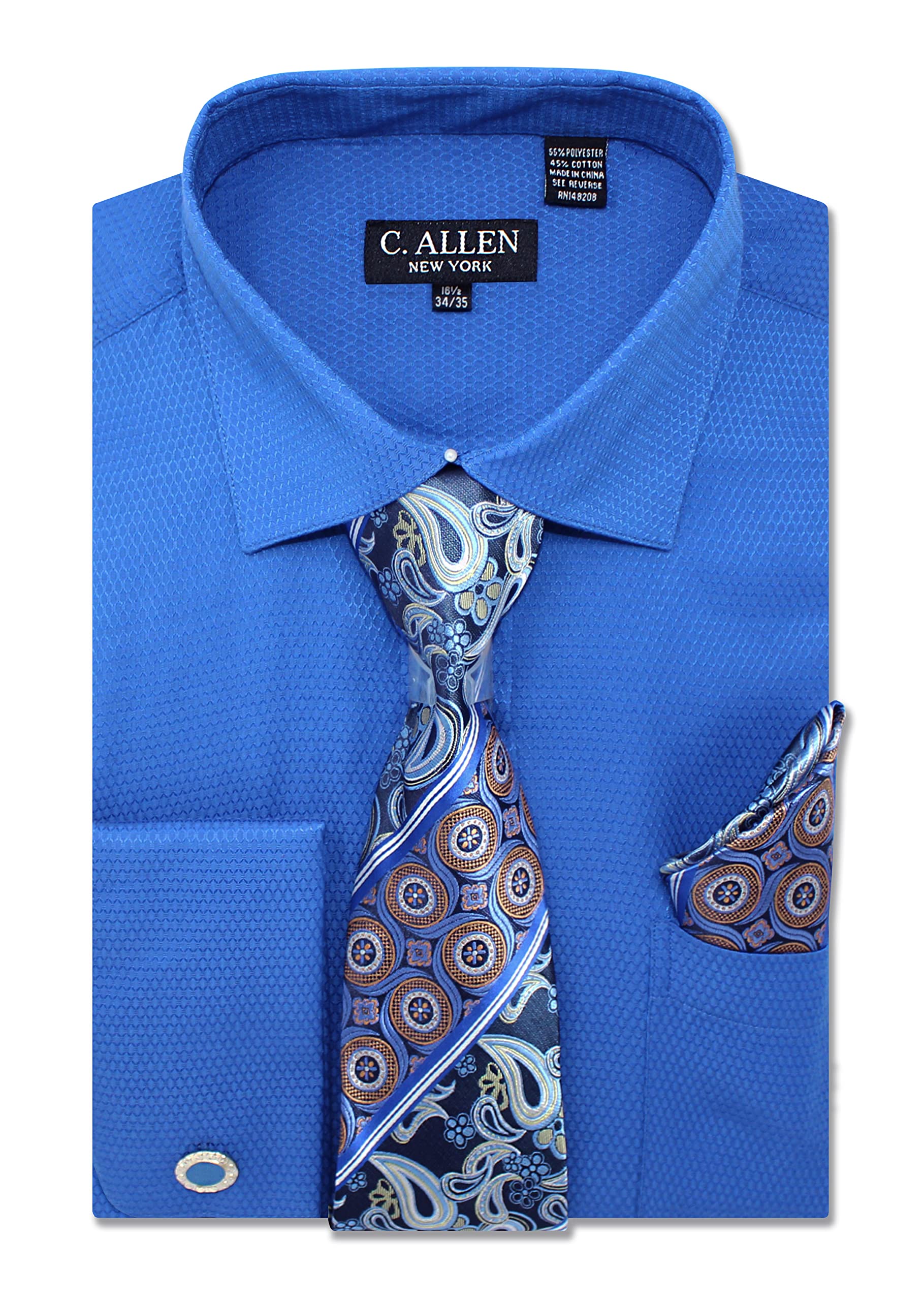 C. Allen Men's Solid Micro Pattern Regular Fit Dress Shirts with Tie Hanky Cufflinks French Cuffs Combo