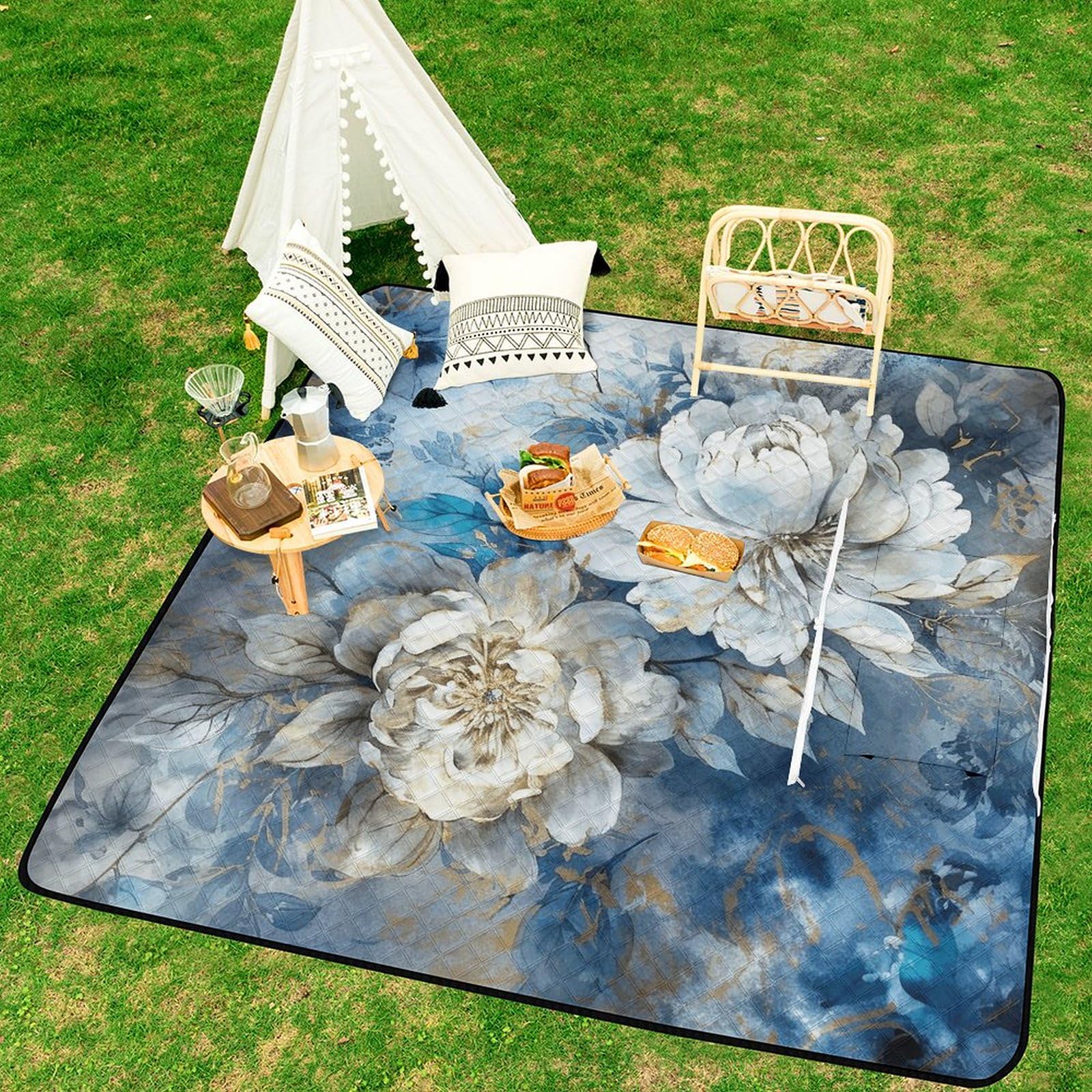 Tapis de pique-nique convertible à fermeture éclair - Couverture d'extérieur imperméable et isolante avec sac fourre-tout - Pliable pour camping, plage, parc - 200 x 200 cm - Bleu et blanc