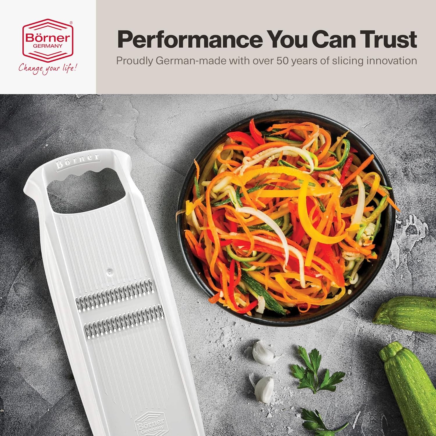 Swissmar Börner PowerLine Thin Julienne Vegetable Slicer – Precision Mandoline Slicer for Potatoes, Zucchini, & Hard Fruits - Perfect for Vegetable Salad – Essential Kitchen Gadgets - White