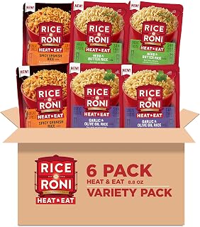 Rice A Roni Heat & Eat Microwave Rice Variety Pack, 6 Quick Cook Pouches, 3 Flavors: Herb & Butter, Spicy Spanish, Garlic & Olive Oil