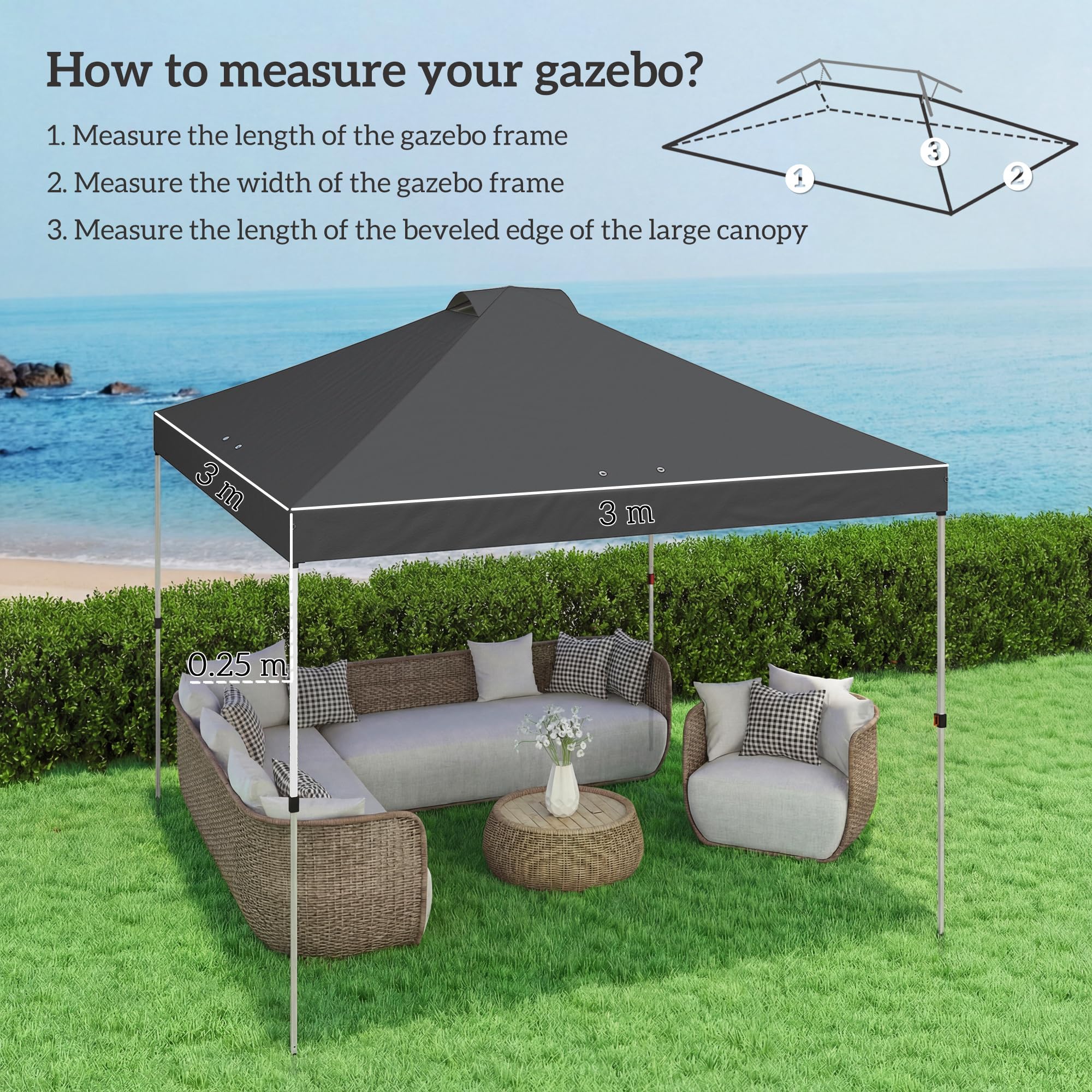 Outsunny 3 x 3(m) Pop Up Gazebo Canopy Replacement Cover with 8 Drainage Holes and Double Vents, UV50+ Waterproof Canopy Cover Replacement Top, Dark Grey — view 3