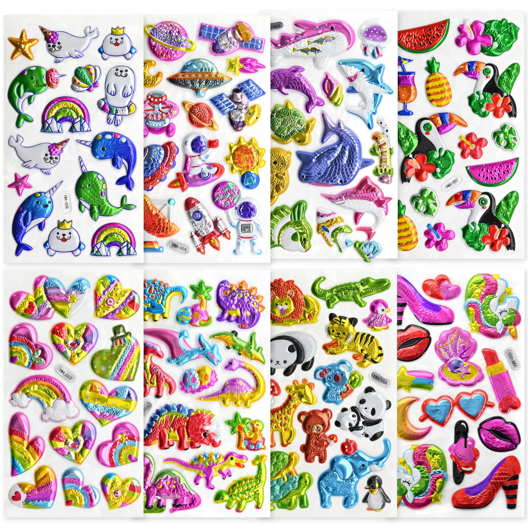 Meafeng Glitzer Sticker, 3D Aufkleber für Kleinkinder, Geschwollene Aufkleber mit Dinosaurier, Pandas, Herzen, Ozean, Weltraum, Seelöwen Motive für Partys, Geschenke