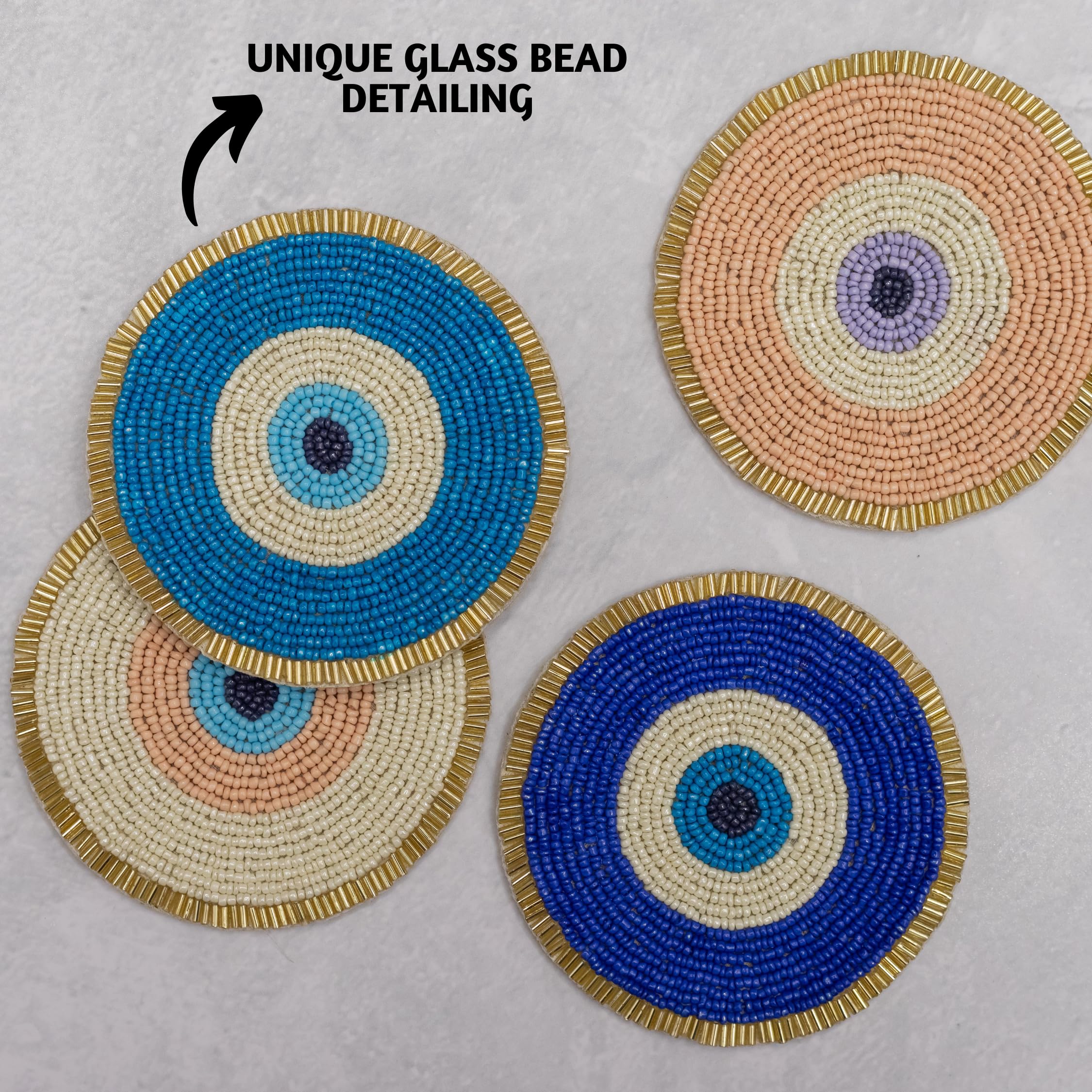 Folkulture Beaded Coasters for Drinks Set of 4 or Coffee Table, 4" Round Decorative Bar Coasters for Table Décorations - Image 2