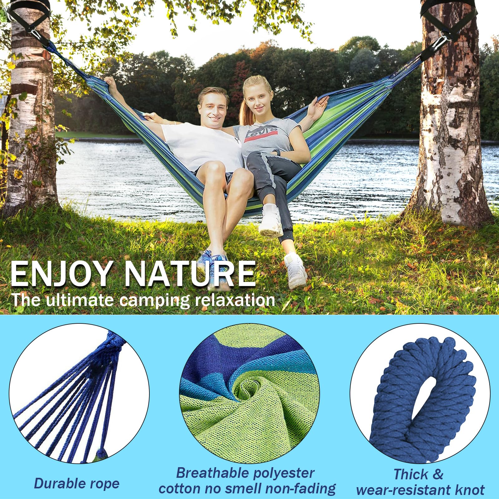 Amaca da Campeggio in Tela 300x150 cm, Capacità di Carico di 270 kg, Traspirante, Durevole Amaca Portatile con Borsa, 2 Moschettoni Premium, 2 Cintura di nylon, Per Esterno Giardino Spiaggia