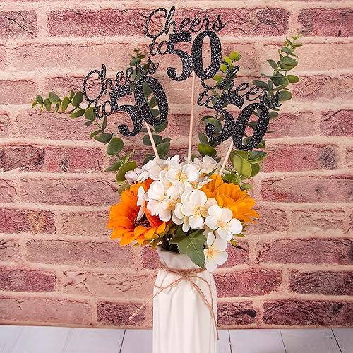 Miniatura 4 de Gexolenu Cheers to 50, paquete de 10 centros de mesa de cumpleaños de 50 cumpleaños de doble cara con purpurina negra para mesas, decoración de mesa