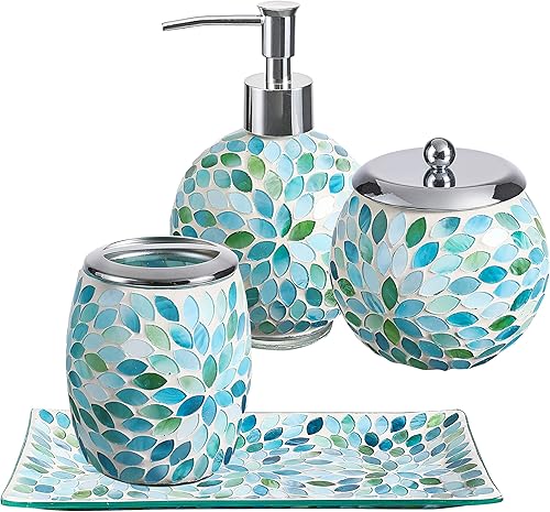 Miniatura 9 de KMWARES Juego de accesorios de baño de vidrio de mosaico decorativo 5 piezas incluye dispensador de jabón Hande y tarro de algodón vaso y bandeja de