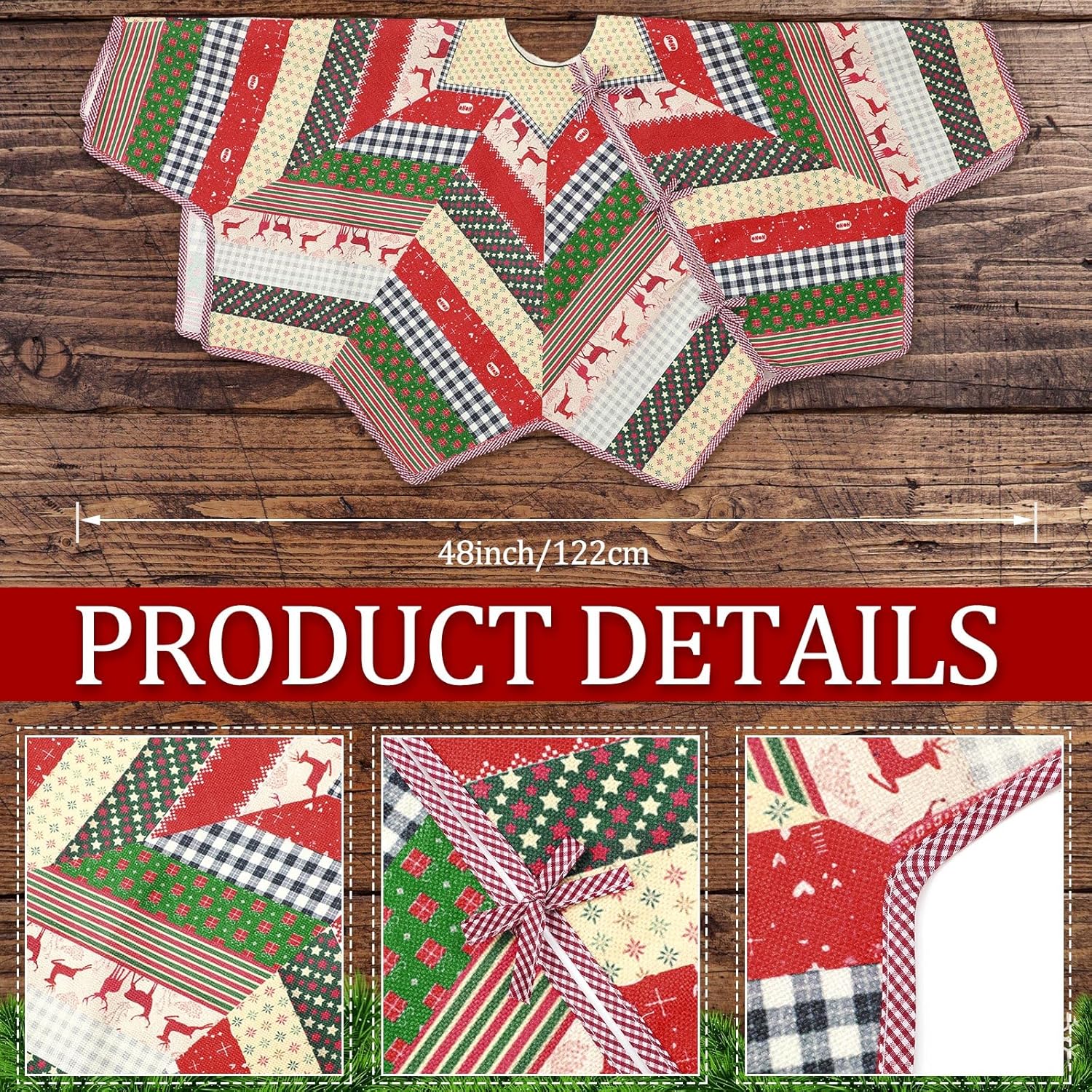 48" Primitive Quilted Pattern Farmhouse Christmas Tree Skirt Quilted Vintage Homespun Pattern Linen Christmas Tree Skirt Patchwork Rustic Xmas Home Decor(Geometric Star Patchwork)