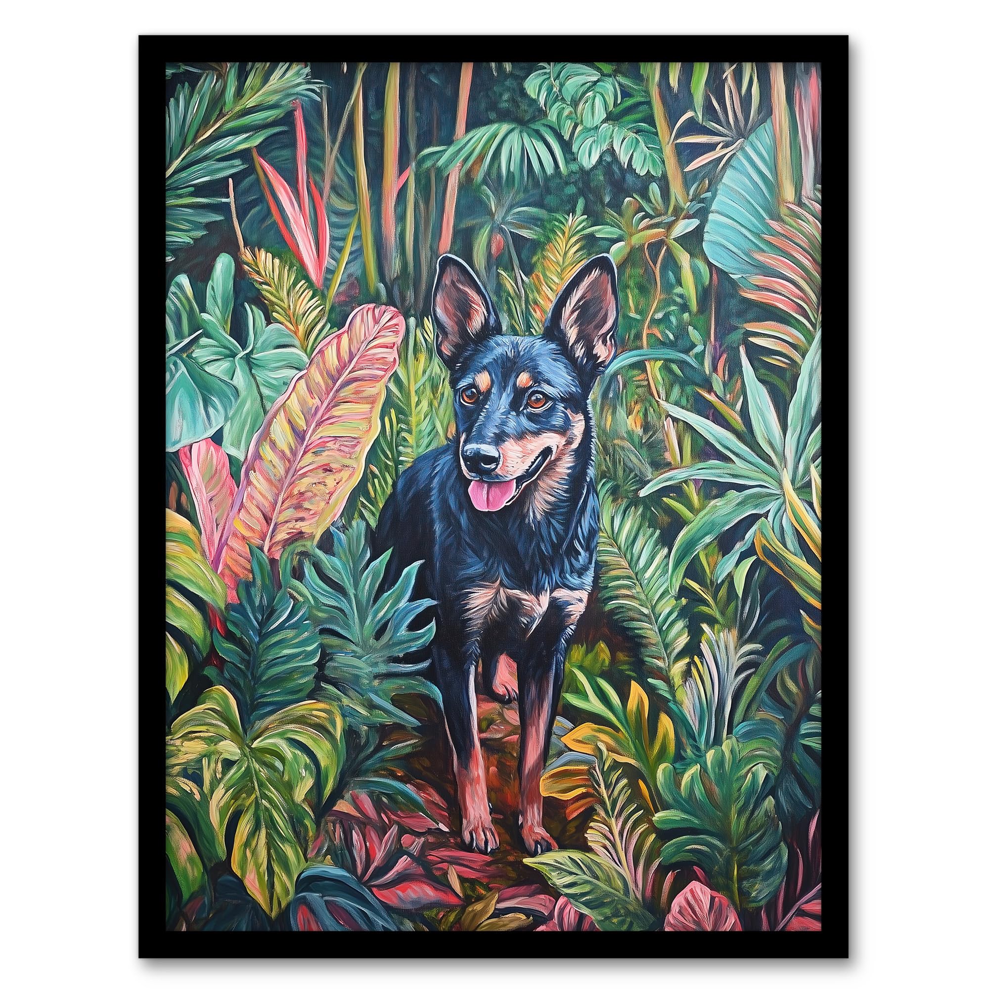Artery8 Kelpie In Exotic Jungle Nature Plants Dog Lover Living Room Artwork Framed Wall Art Print 18X24 Inch