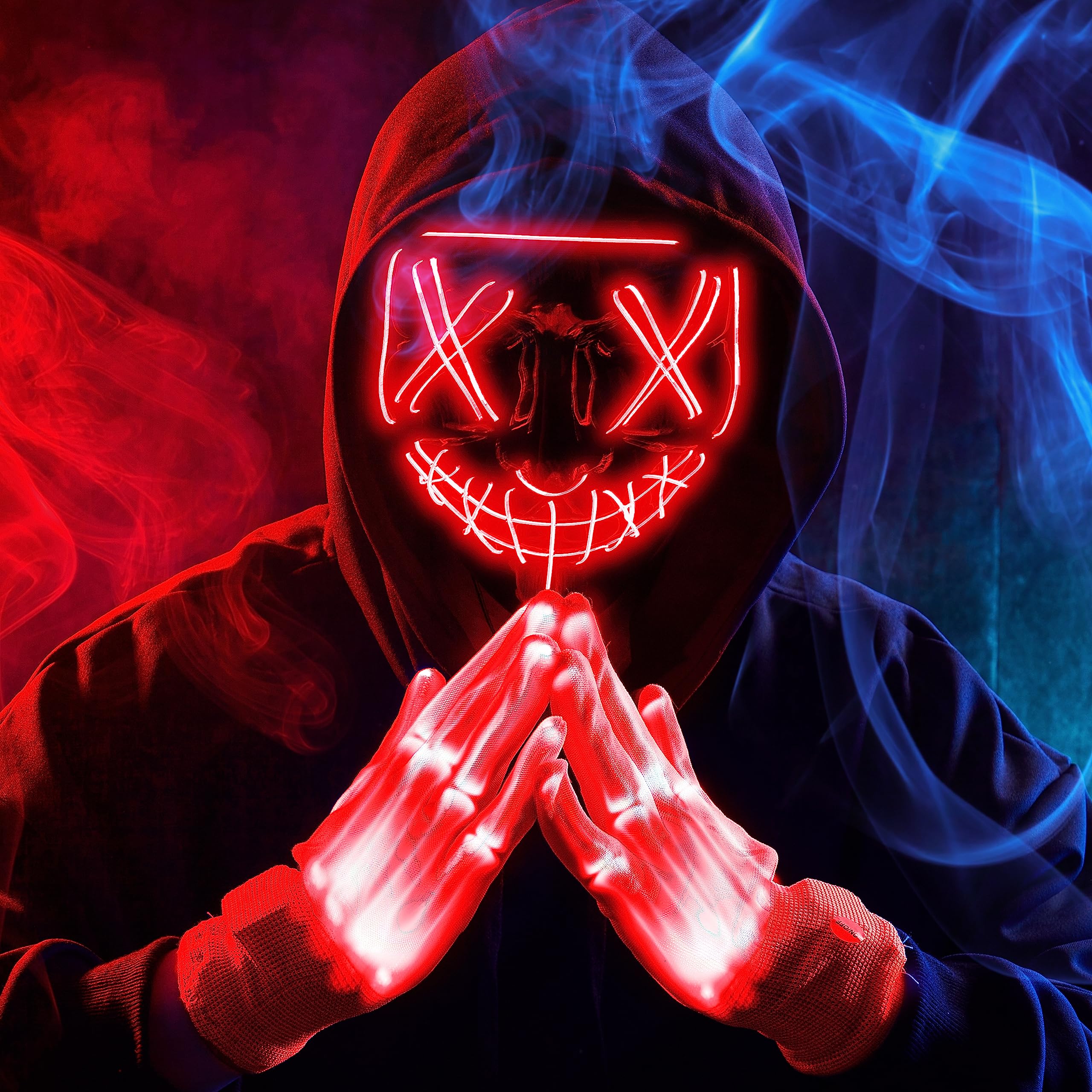 Máscara LED de Halloween, máscara de luz y guantes para disfraz de cosplay (rojo), 3 modos de máscaras aterradoras que brillan en la oscuridad para niños y niñas, accesorios de disfraces para 6