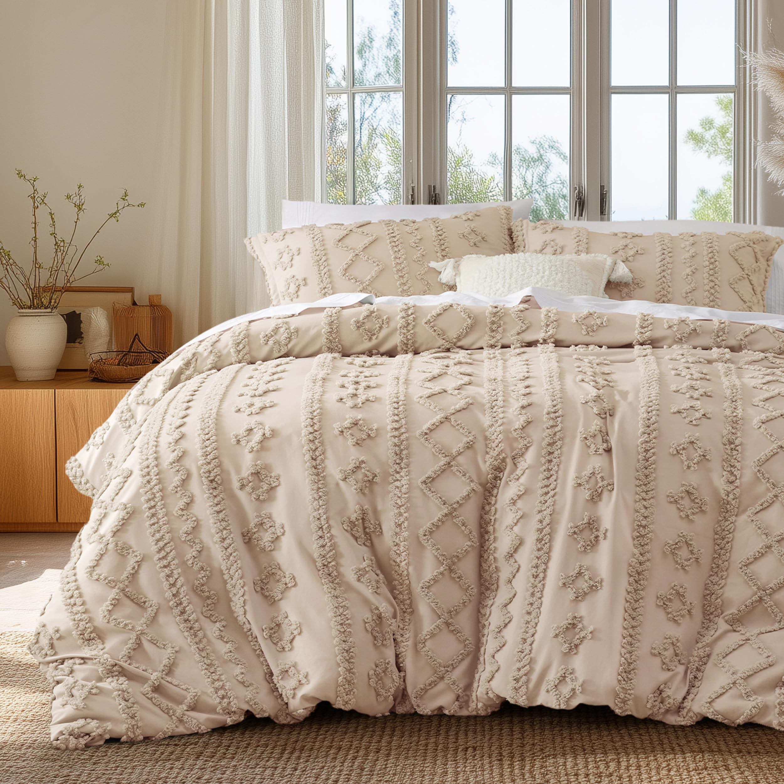 Bedsure Boho Kids Duvet Cover Queen Size（Duvet Insert/Comforter not Included - Tufted Duvet Cover Queen for All Seasons, Soft Shabby Chic Boho Bedding (Khaki, 90" x 90")