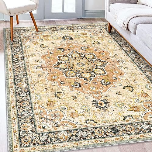 Alfombra oriental lavable de 5 x 8 pies, alfombra suave para sala de estar, dormitorio, impermeable, floral, envejecida, resistente a las manchas,