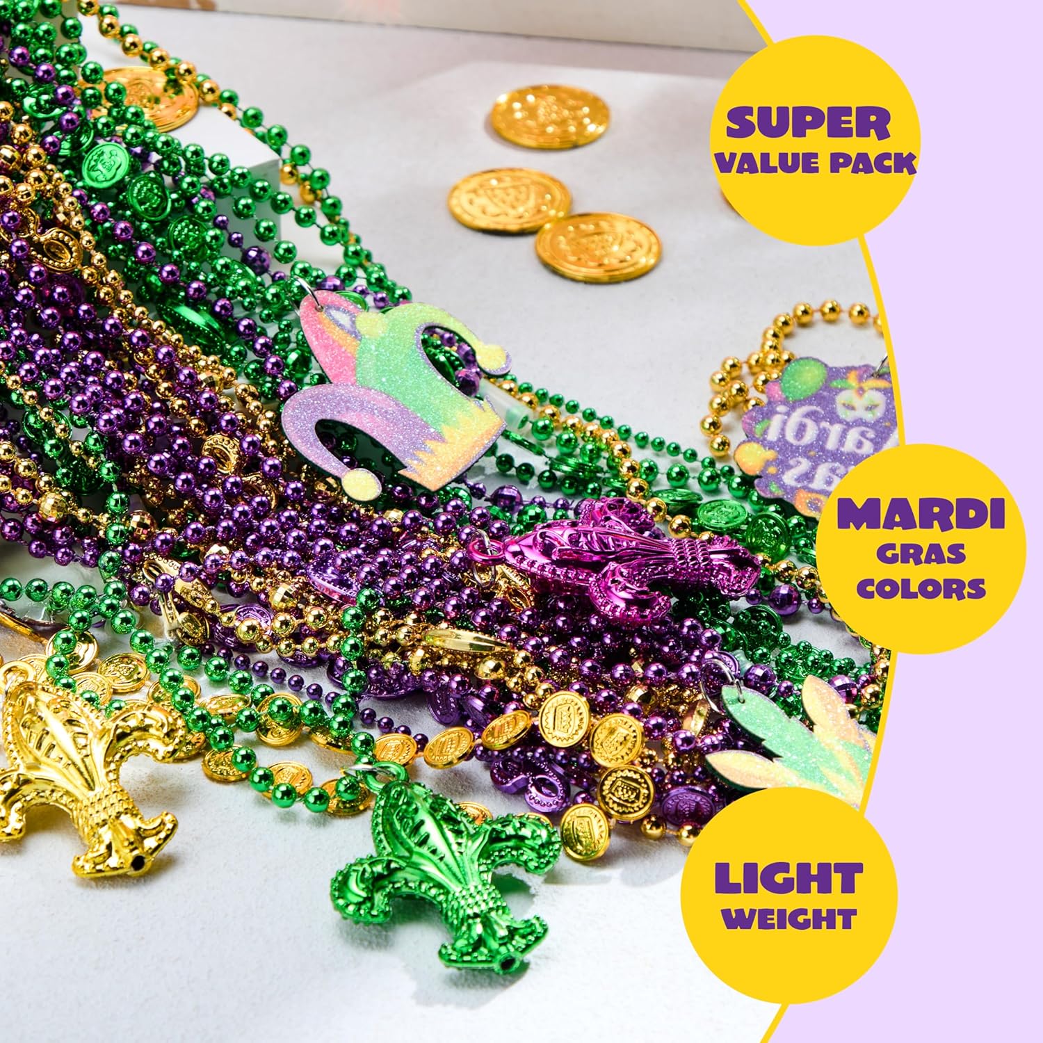 JOYIN 120 Pcs Mardi Gras Bead Necklaces with Pendant, Assorted Gold Green Purple Bead Necklace Set for Mardi Gras Party Outfit Accessories, Colorful Necklaces Bulk for women&men Costumes Supplies