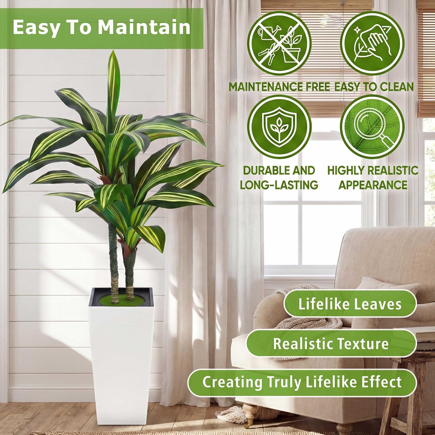 4FT Dracaena Artificial Plant, with White Tall Planter