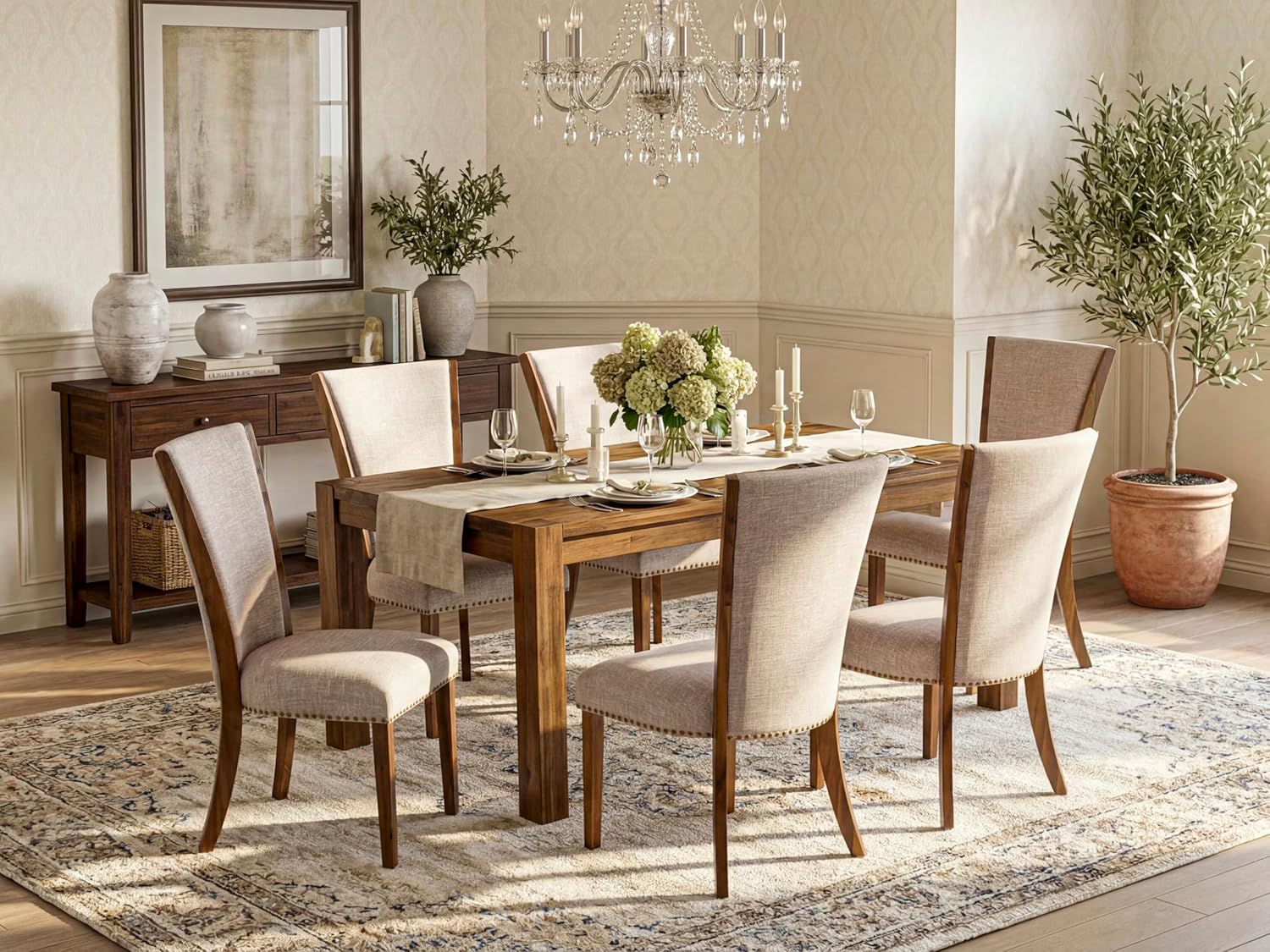East West Furniture LMVE7-N8-04 7 Piece Modern Dining Table Set Consist of a Rectangle Rustic Wood Wooden Table and 6 Light Tan Linen Fabric Upholstered Chairs, 40x72 Inch, Walnut