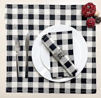CHARDIN HOME 100% Cotton Buffalo Checks Napkins - Black/Ivory, 45x45 cm 18x18 in, Set of 6 Festive Reusable Cloth Napkins, Perfect for Holidays, Dinner Parties, Birthdays, Weddings
