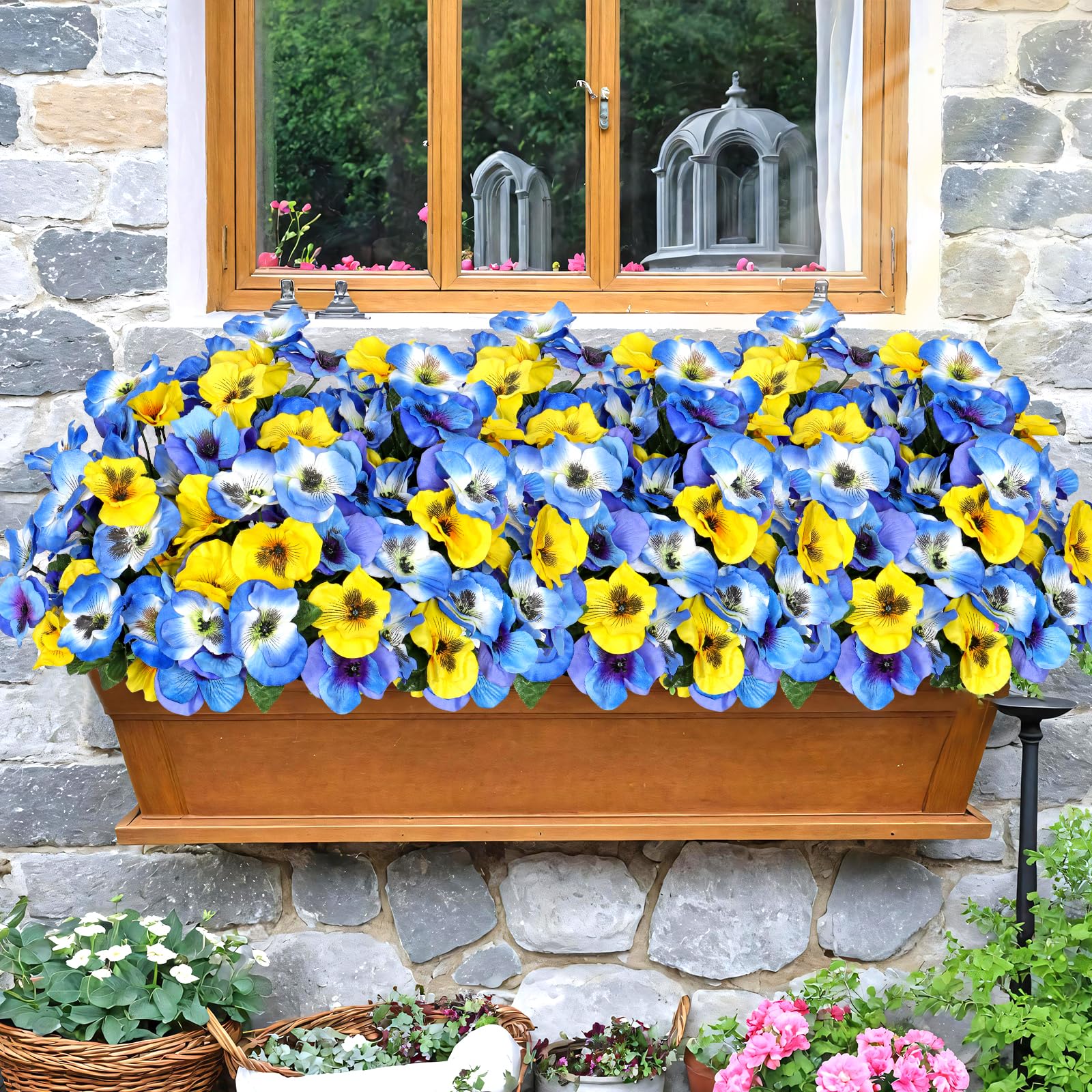 Fiori artificiali del viole del pensiero, fiori finti per esterni, resistenti ai raggi UV, in plastica, piante finte per portico anteriore, giardino, finestra, fioriera, decorazione da
