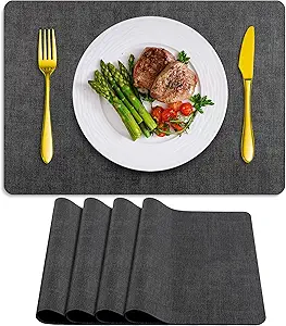 Placemats Set of 4 Washable, Heat Resistant Table Placemats Wipeable Faux Leather Place Mats Non Slip, Waterproof Square Table Mats for Indoor Outdoor, Charcoal Gray