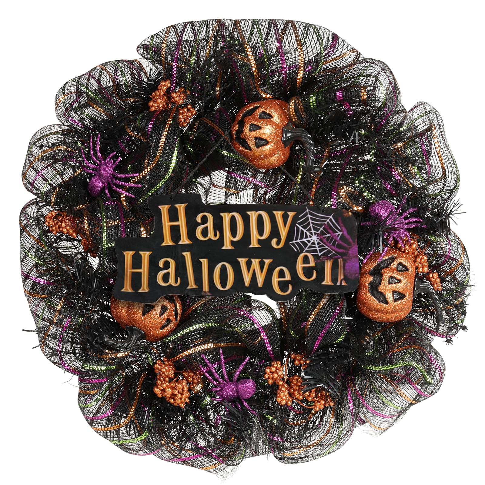 Huadanbor 24 inch Wreath, Halloween Wreath for Front Door, Halloween Spider Decor Pumpkin Skull Wreaths, Wall, Window, Garden and Offices Decor. (