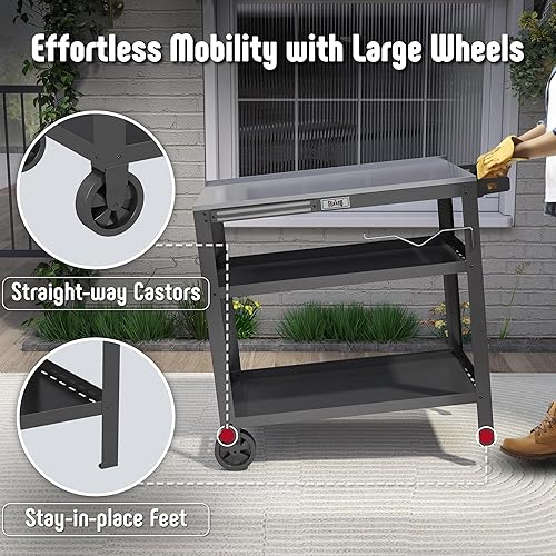 Miniatura 7 de Carrito de parrilla para exteriores de 31.5 x 18 pulgadas con mesa de acero inoxidable, mesa de parrilla móvil con estante de condimentos y soporte