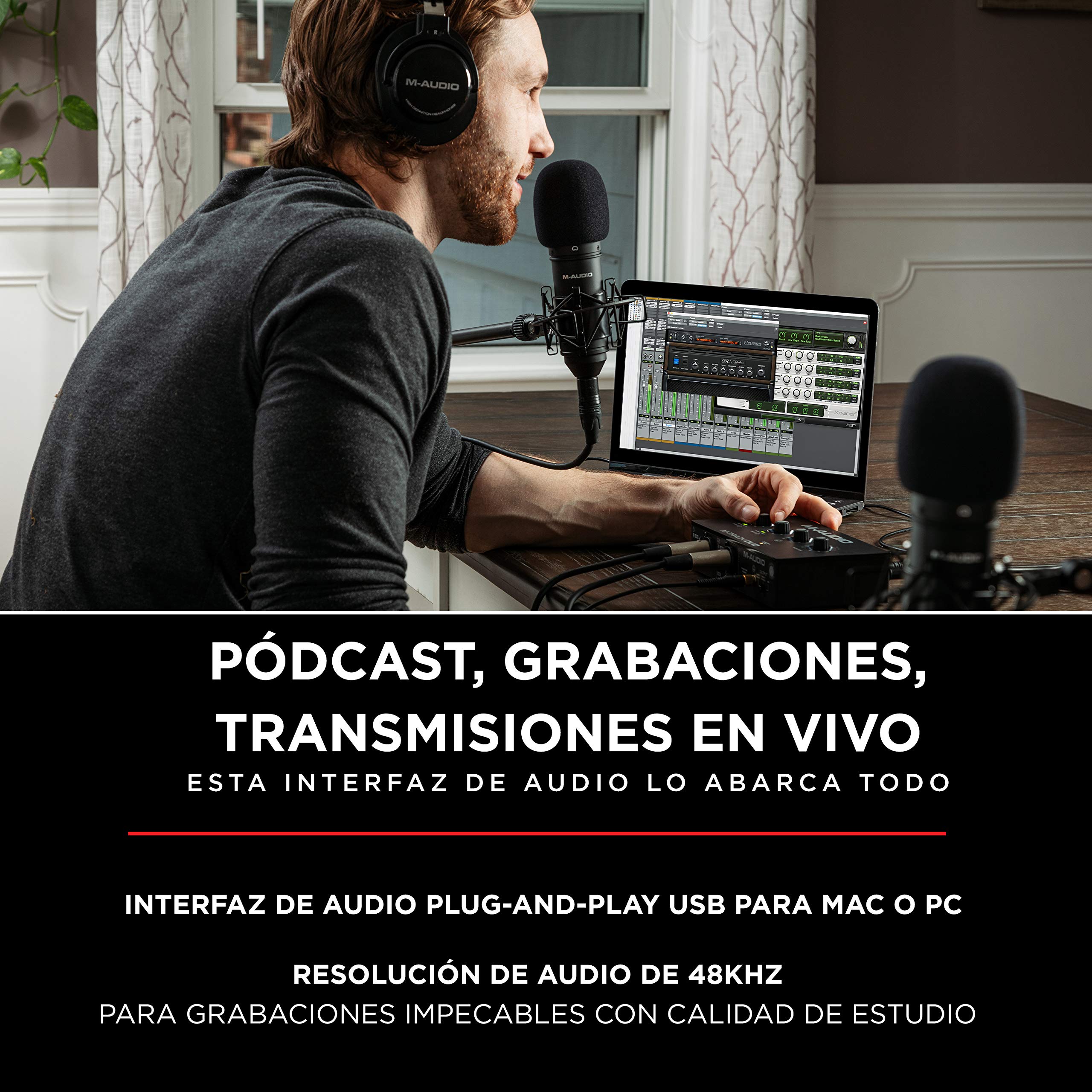 Paquete para grabación de estudio de M-Audio: interfaz de audio USB M-track Duo + monitores de estudio BX4 + Auriculares de estudio HDH40 para grabación y monitorización