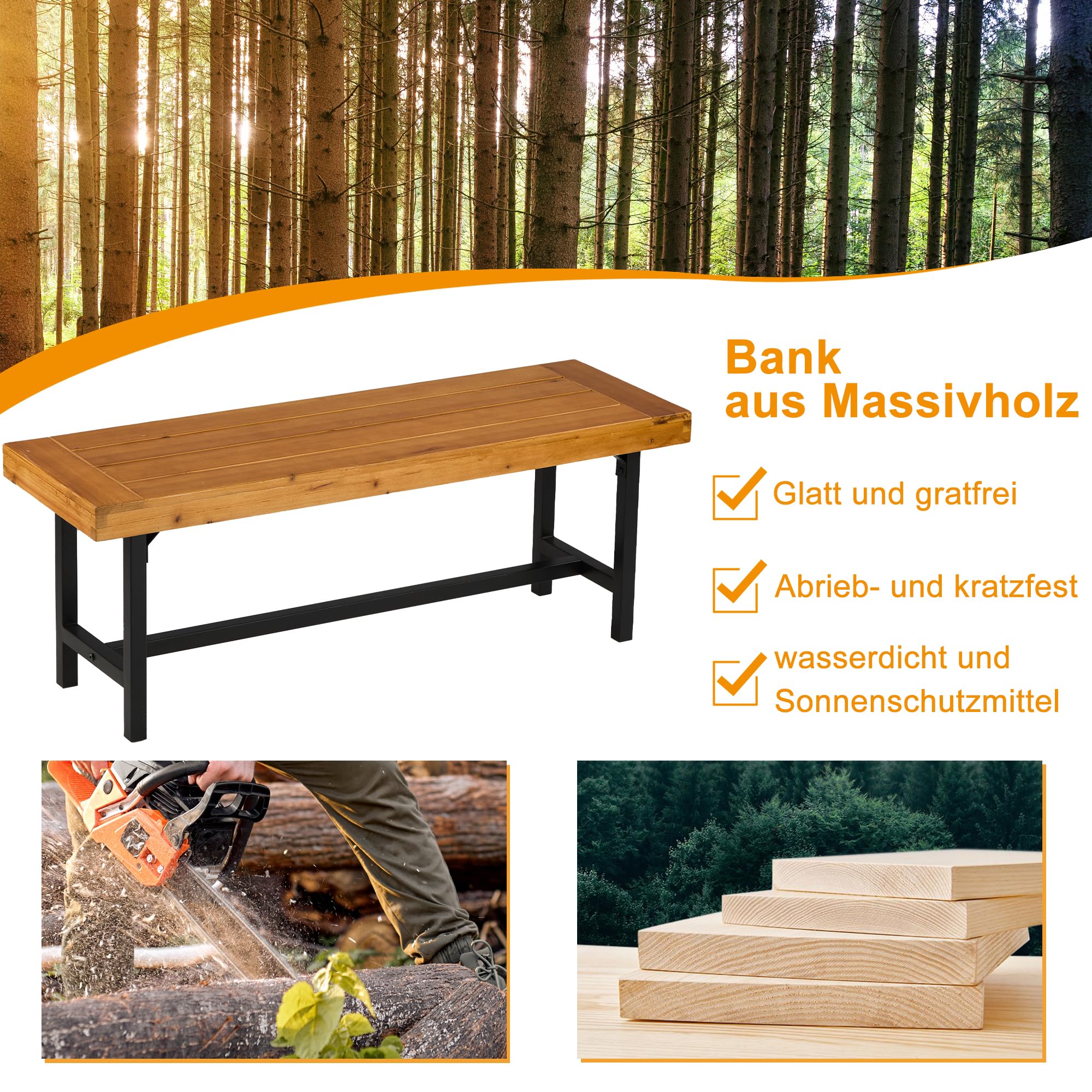 Mingone Gartenbank Holz 120 cm 2-Sitzer sitzbank ohne Rückenlehne | Balkonbank, wetterfest, für Park Veranda, Outdoor Gartenmöbel
