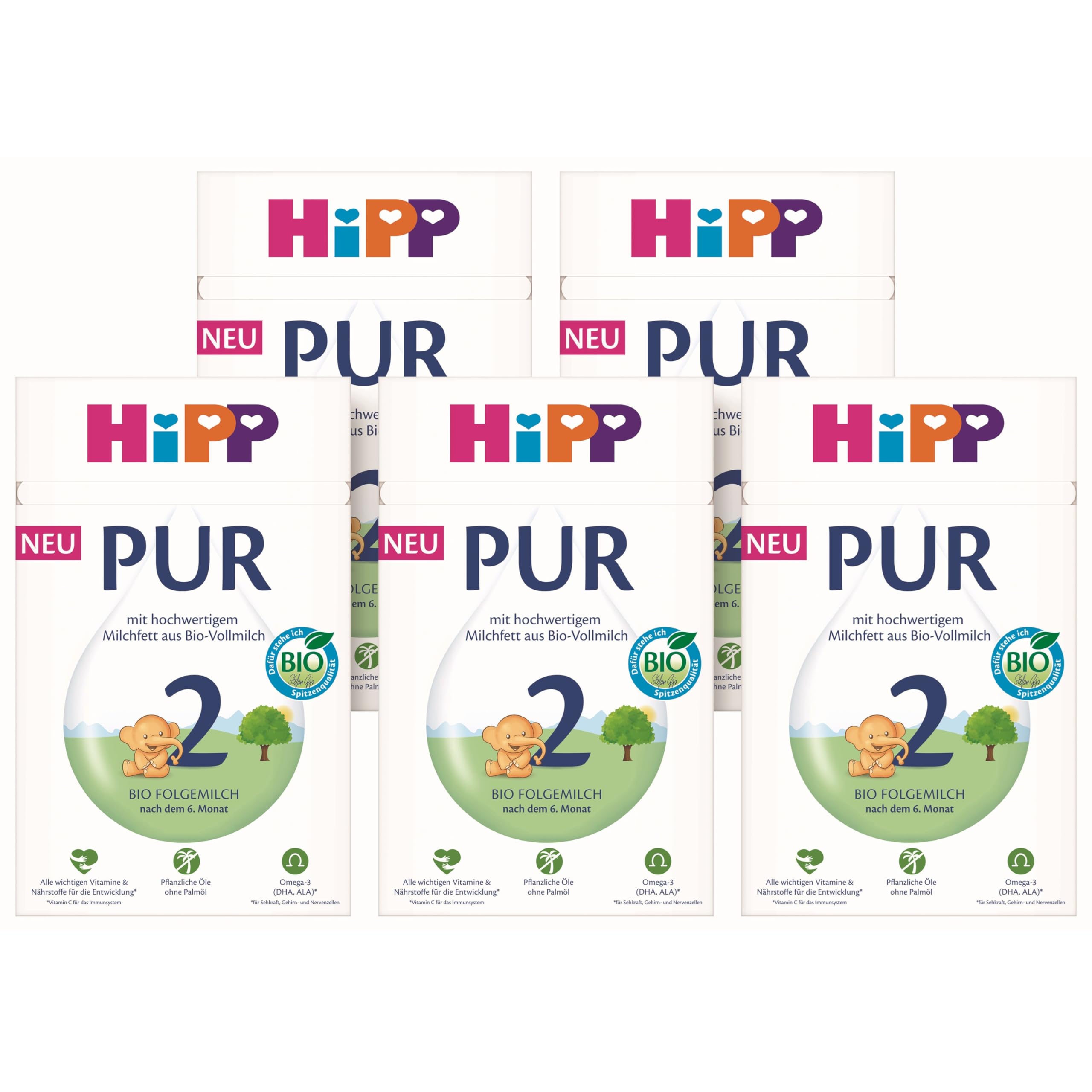 HiPP 2 PUR Folgemilch (5 x 500g), nach dem 6. Monat, mit hochwertigem Milchfett aus Bio-Vollmilch, ohne Palmöl, mit wichtigen Vitaminen & Nährstoffen und Omega 3 (DHA, ALA)