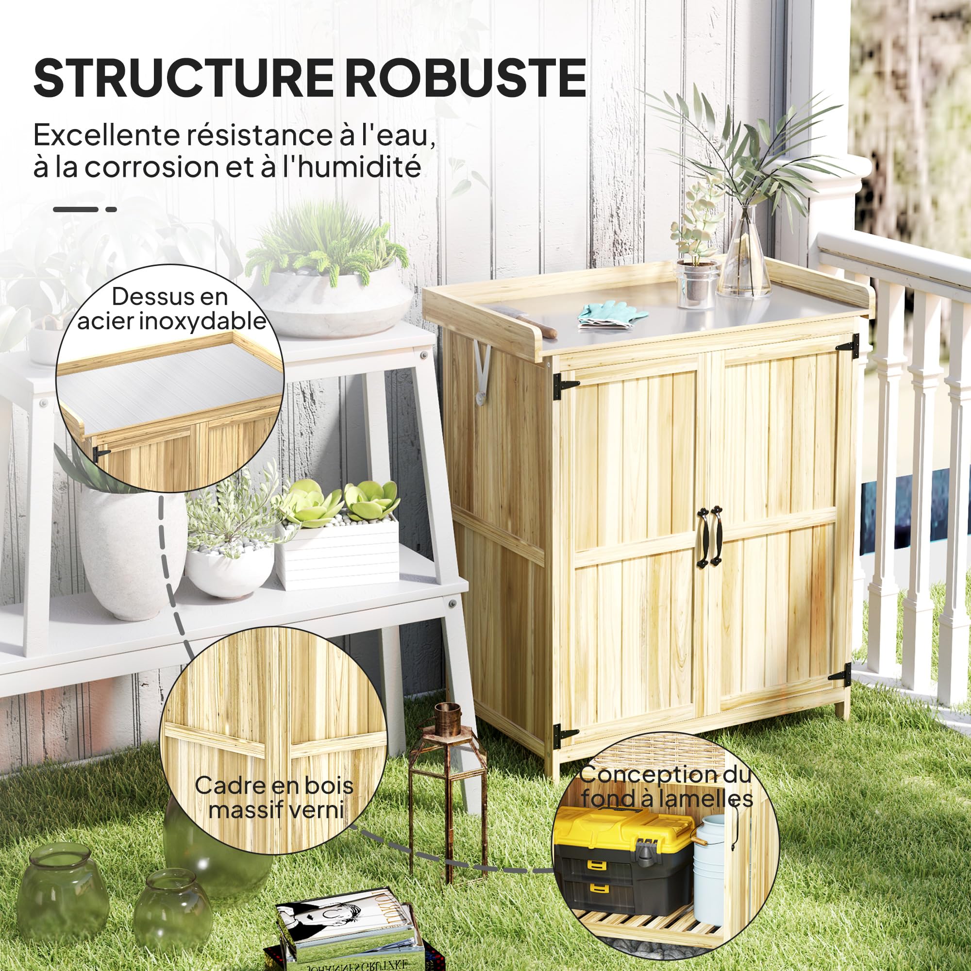 Outsunny Armoire de Jardin en Bois Abri de Jardin 2 Portes Étagère Naturel