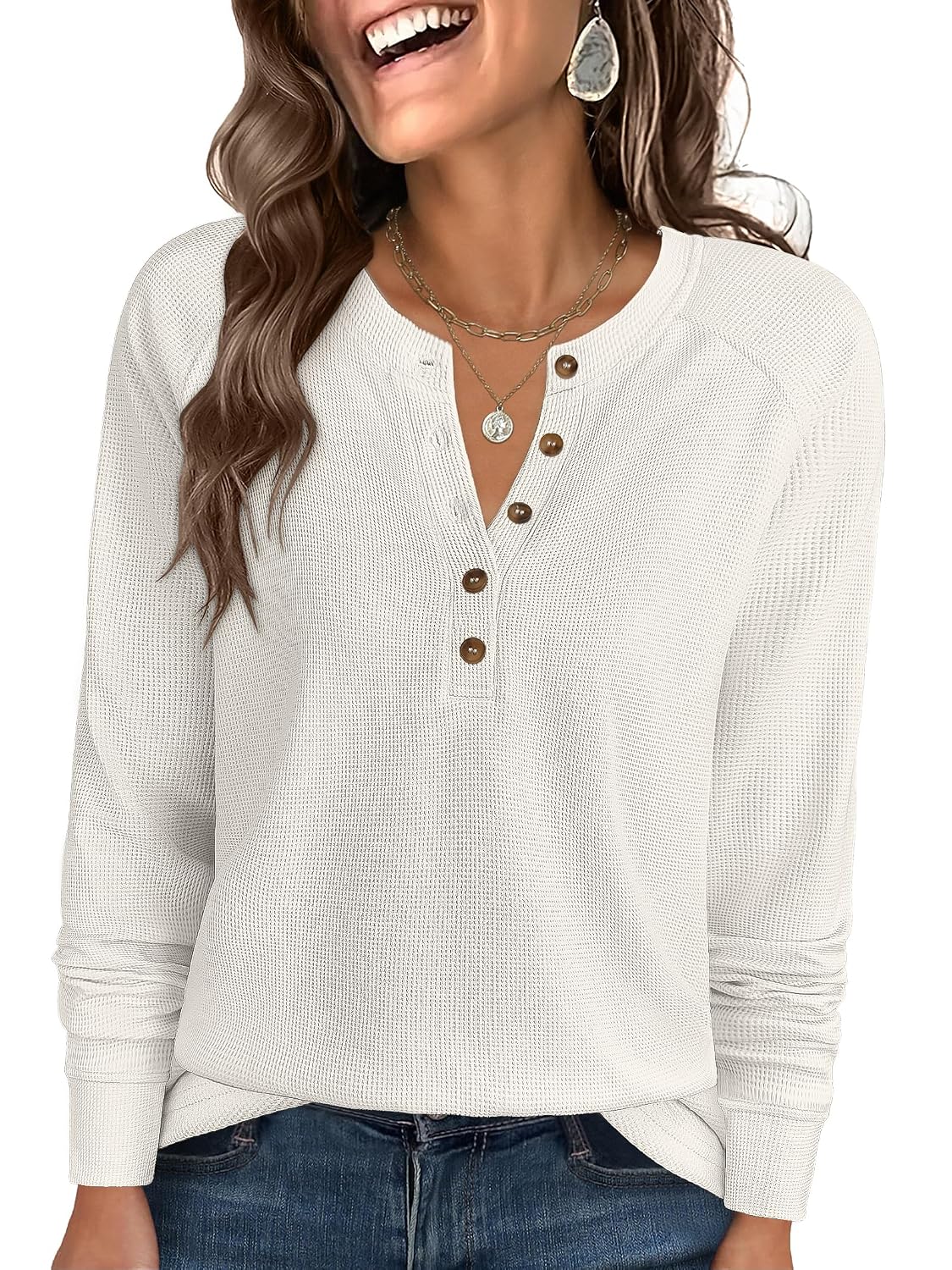 ANRABESS Waffle Knit Henley Shirts, Button Up