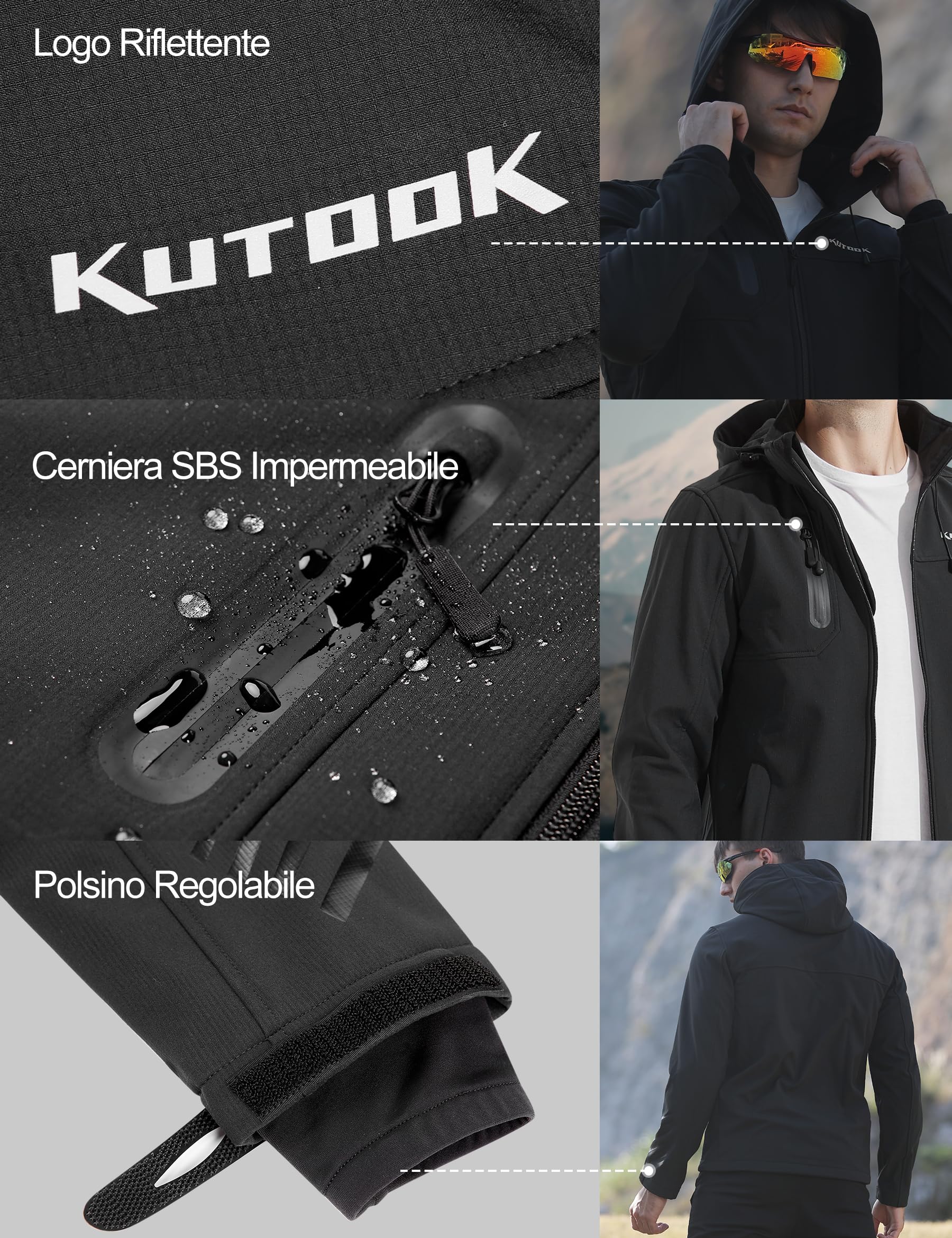 KUTOOK Giacca Softshell Impermeabile da Uomo con Cappuccio Giacca Trekking Invernale per Montagna Arrampicata Escursionismo Sci Neve e Vita Quotidiana HC001