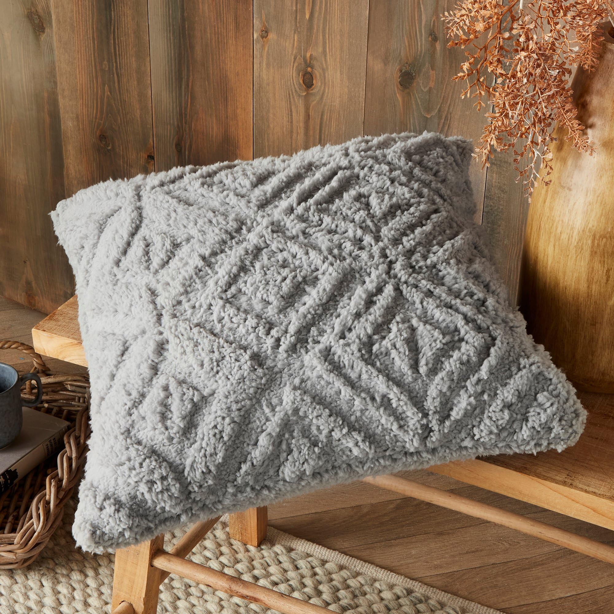 B&Q -  Geo Fleece Grey Fleece & Sherpa Filled Cushion
