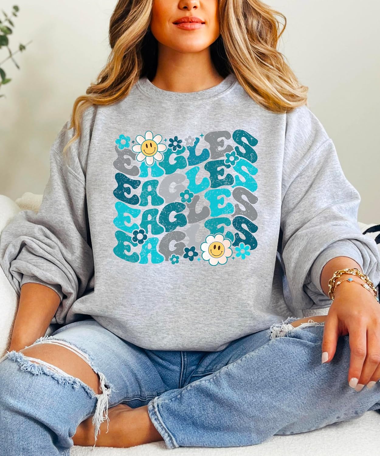 Olive Loves Apple Groovy Floral Eagles Sweatshirt for Women Teens and Girls Team Pride Pullover