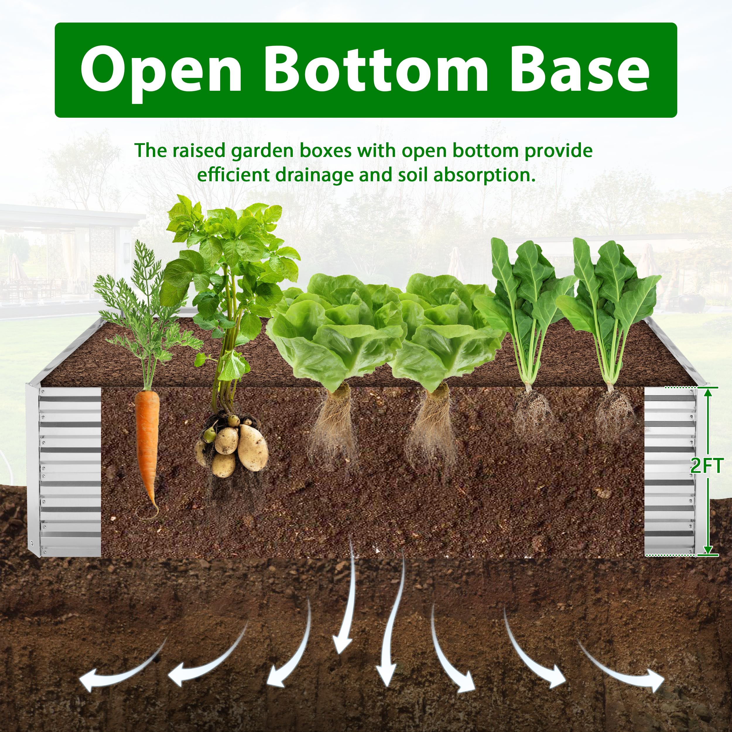 PrimeZone 8 x 4 x 2 Ft Galvanized Raised Garden Beds - Metal Planter Boxes Outdoor for Vegetables, Flowers, Herbs, Large Heavy Planter Bed for Gardening with Metal Cross Rod and Gloves, Silver