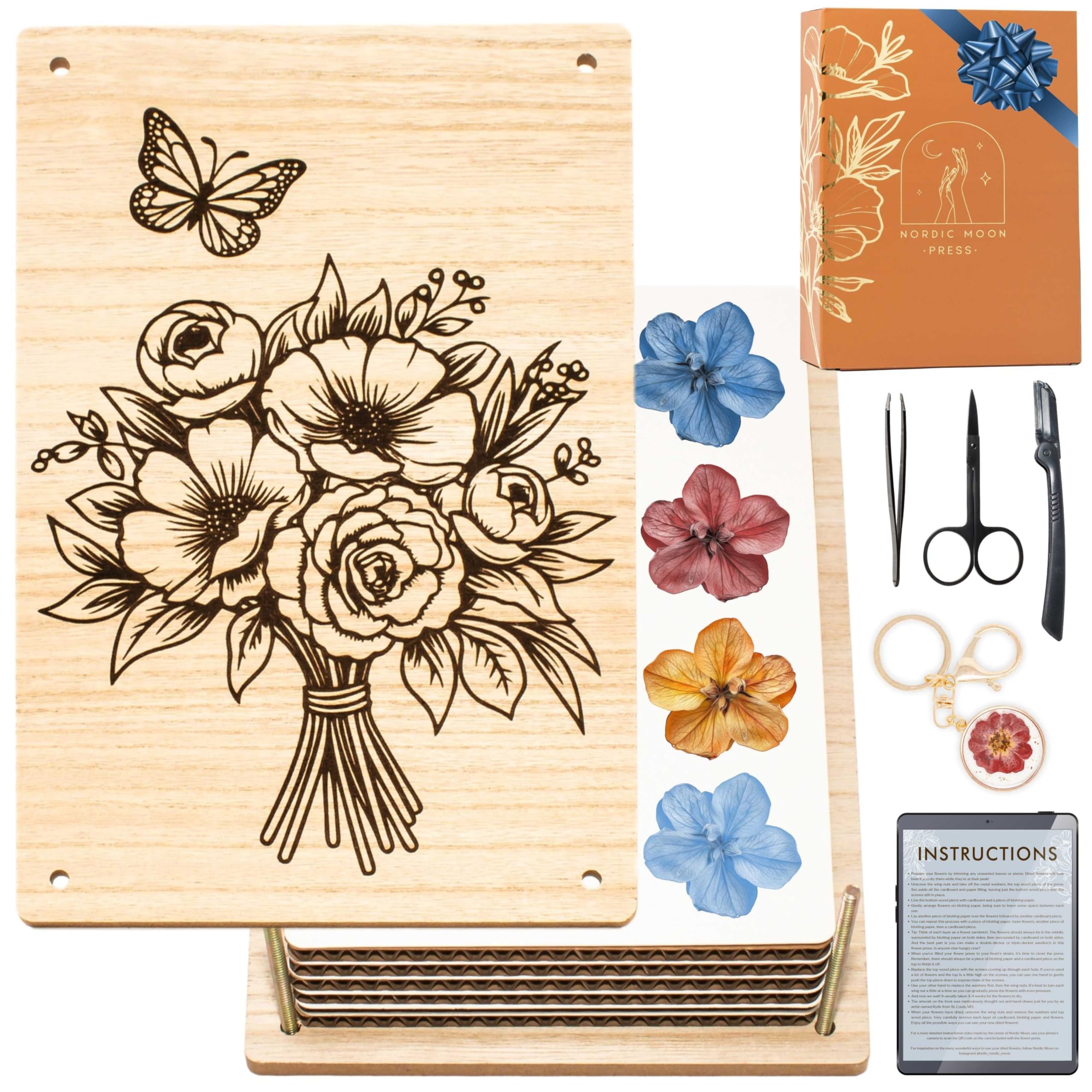Nordic Moon Flower Pressing Kit for Adults - Large Flower Press Measures 11 x 7 Inches - Press Up to 5 Layers of Flowers - Great Gift for Any Creative Plant Lover