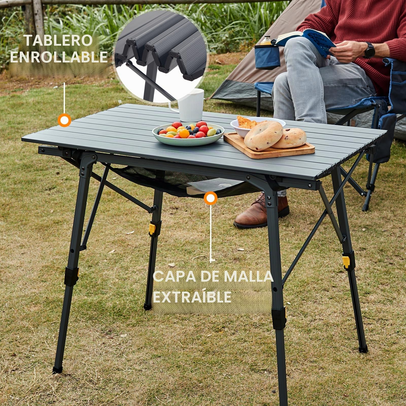 Portal Mesa de camping plegable, altura regulable, aluminio, 90 x 53 cm, para 4 personas, ligera, plegable, color gris
