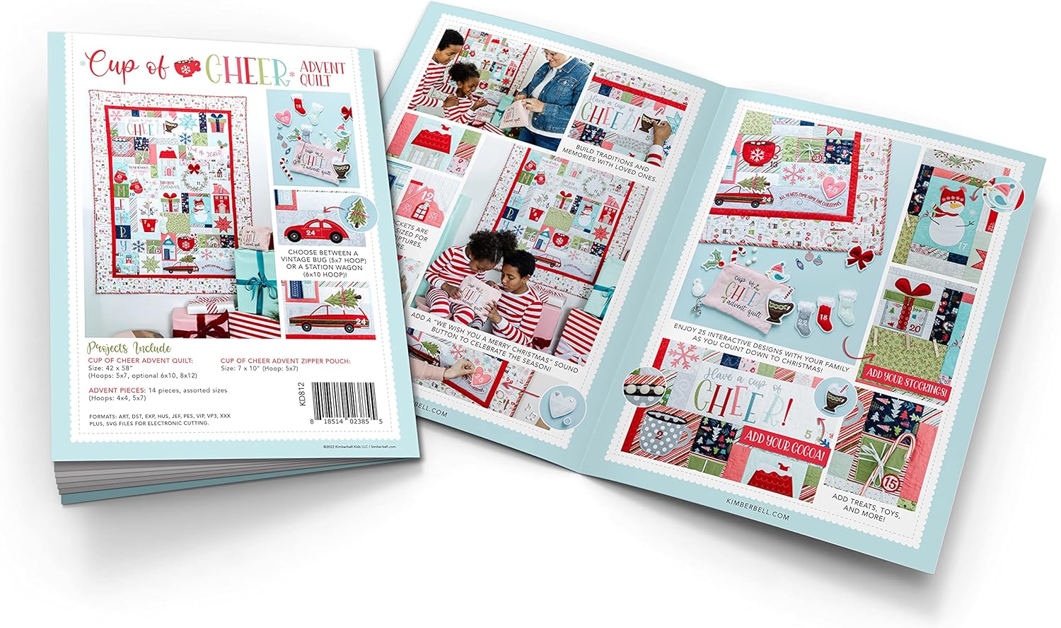 Kimberbell Cup Of Cheer Featured Quilt Machine Embroidery Design CD, 25 Interactive Designs, Complete Size 42x58”, 14 Advent Pieces, Easy Step-By-Step Instructions, Hoop Sizes: 4x4 & 5x7”, Made in USA