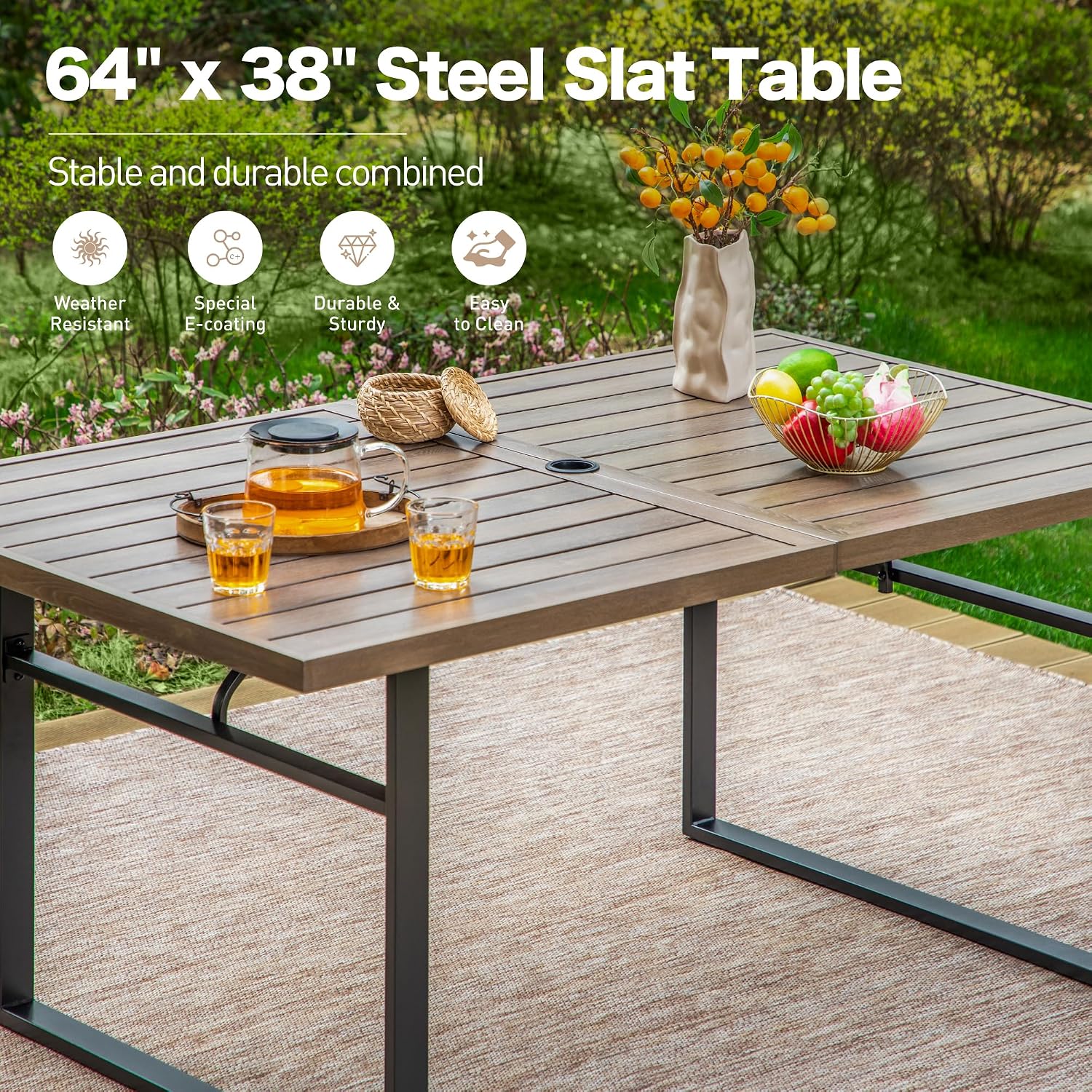 SUNSHINE VALLEY 64" Patio Dining Table for 6,Teak Color Rectangle Patio Table with Umbrella Hole,E-Coating and Powder Coating Steel Frame Metal Outdoor Patio Table for Garden Backyard Lawn Yard