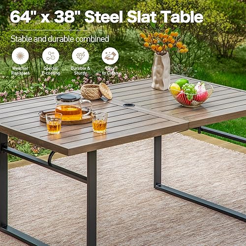 Miniatura 3 de Mesa de comedor de patio de 64 pulgadas para 6 personas, mesa rectangular de color teca con agujero para paraguas, revestimiento electrónico y