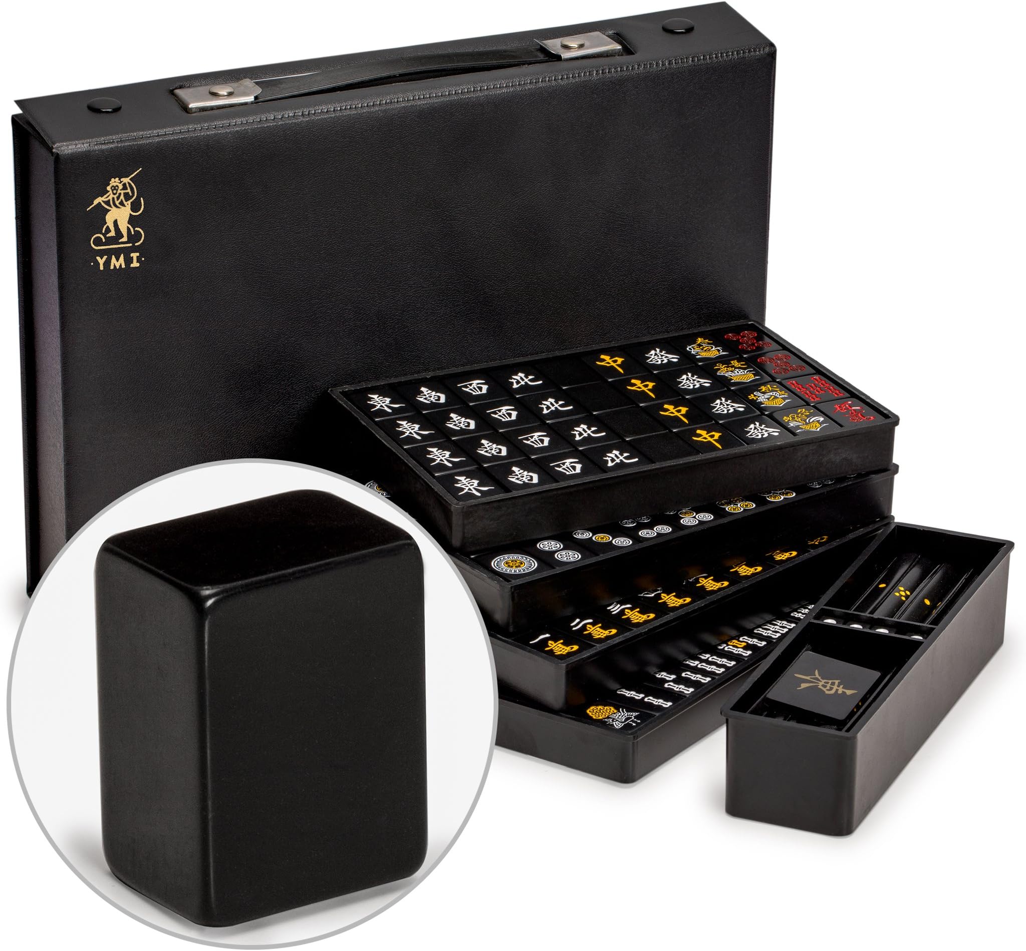 Yellow Mountain Imports Japanese Riichi Mahjong Set, Black Tiles with Black Vinyl Case - East Wind Tessera, Set of Betting Sticks, Dice - Preferred Version by The European Mahjong Association