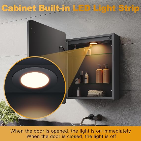 ELEGANT 450x600mm LED Bathroom Mirror Cabinet with Shaver Socket, Wall Mounted with Touch Button 3 Colour Light and Demister - Stainless Steel Black